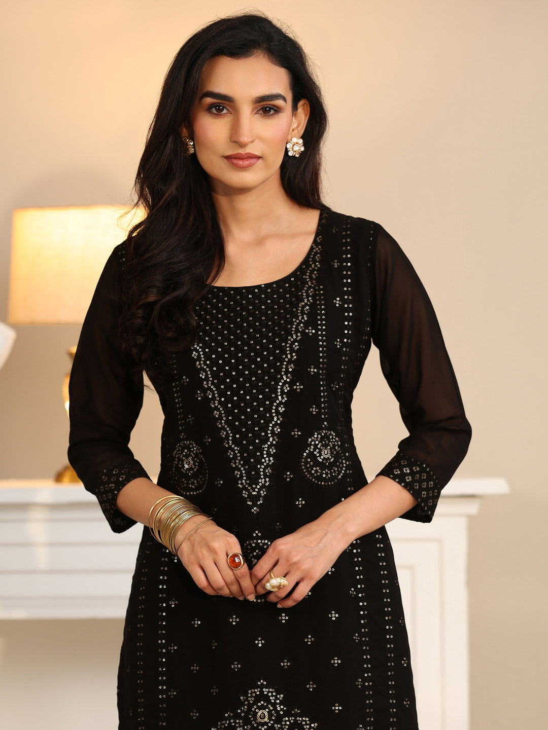  Libas Black Embroidered Georgette Straight Suit Set 