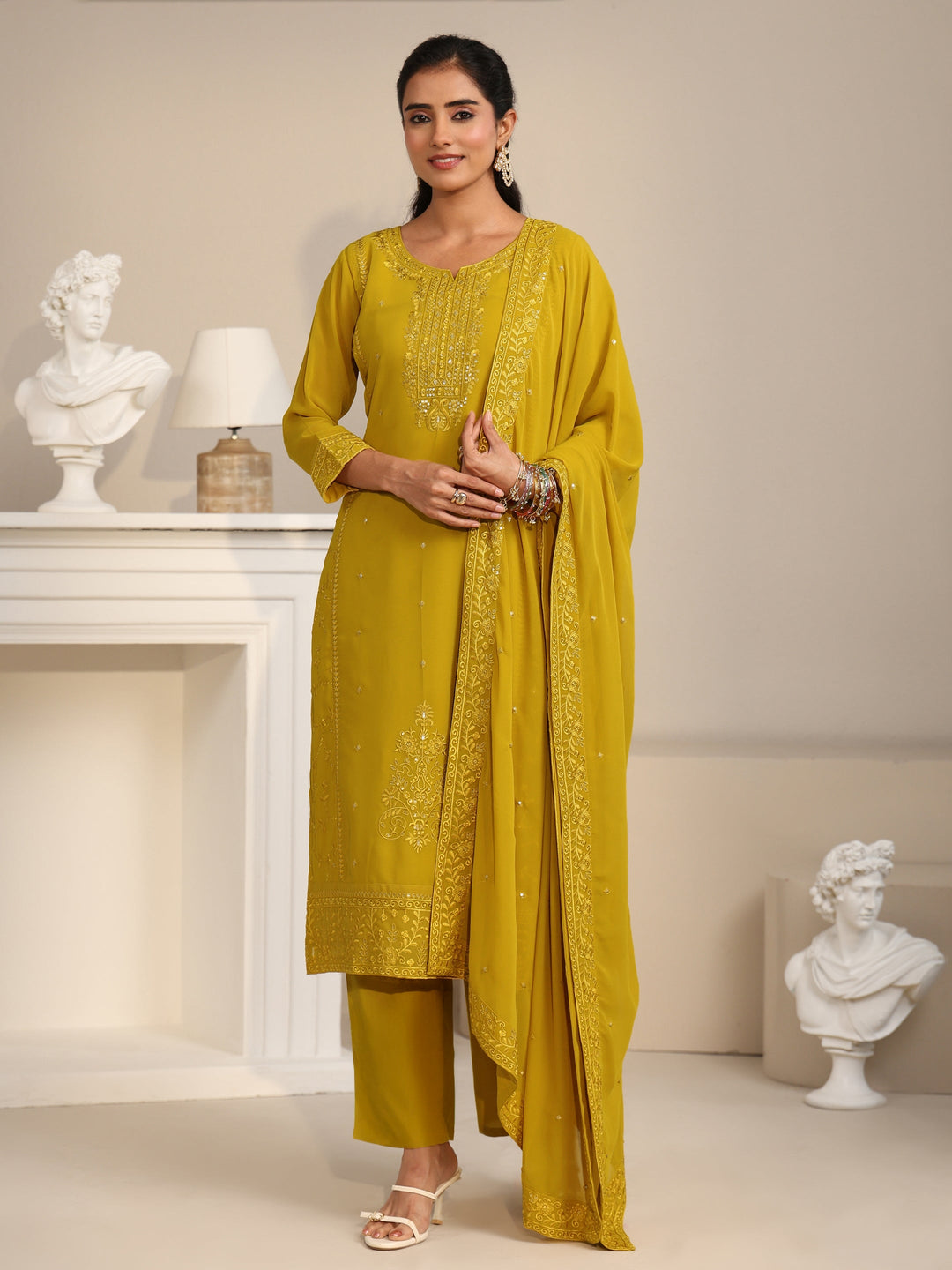  Libas Mustard Floral Embroidered Georgette Straight Suit Set 