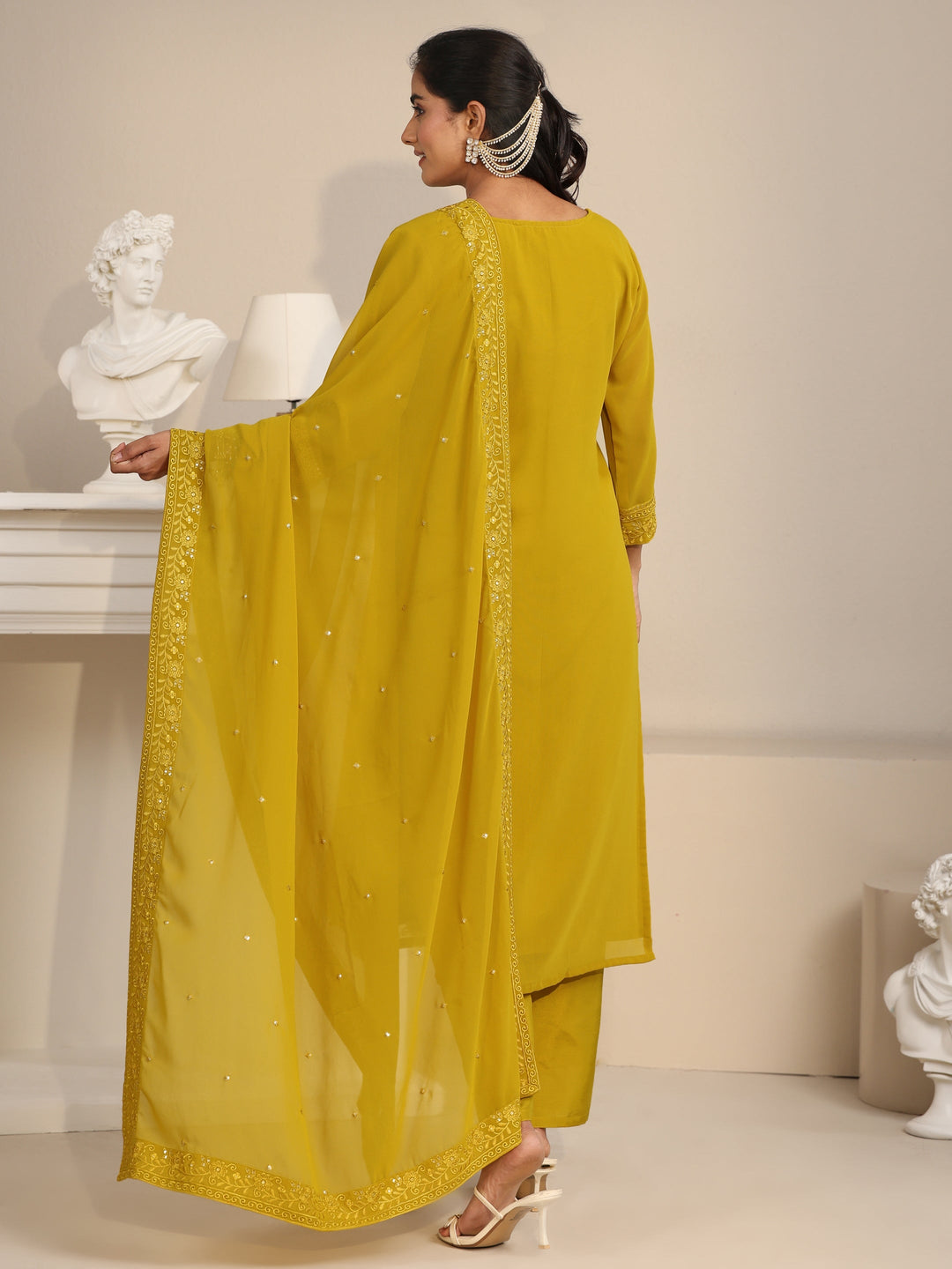  Libas Mustard Floral Embroidered Georgette Straight Suit Set 