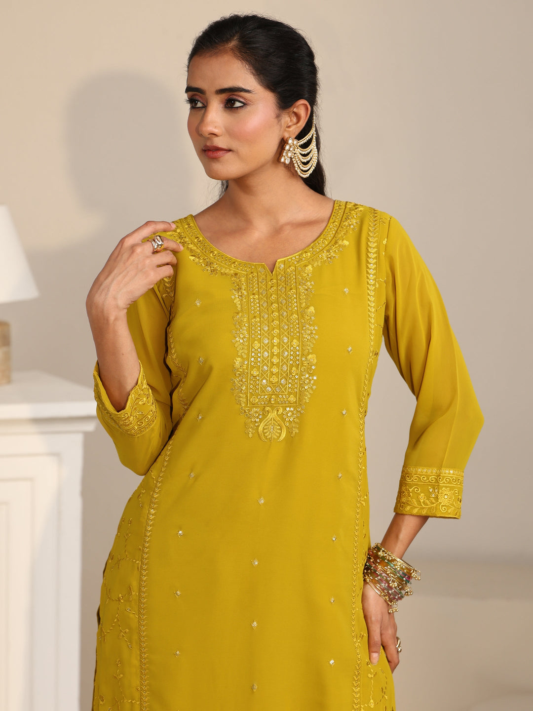  Libas Mustard Floral Embroidered Georgette Straight Suit Set 