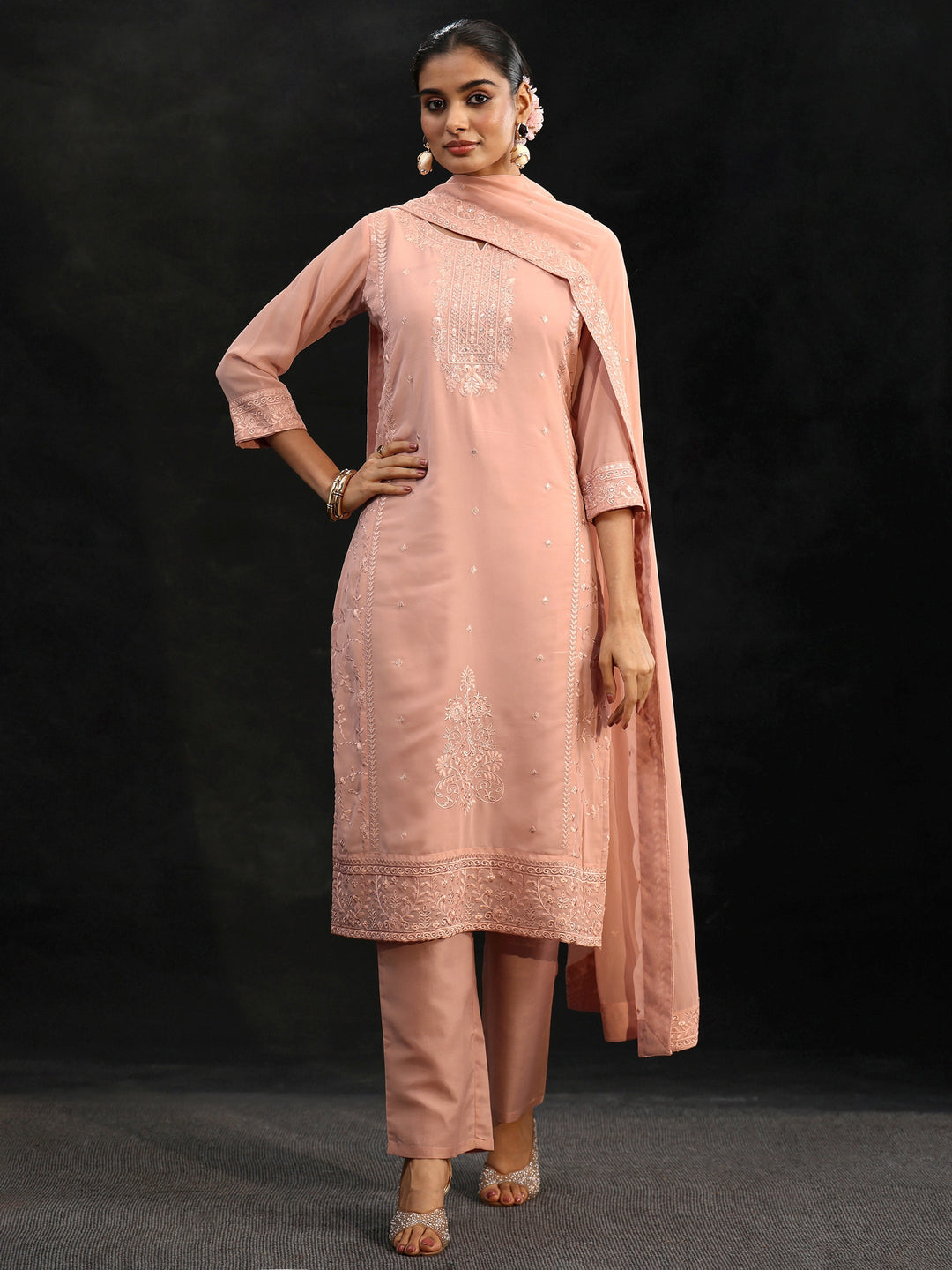  Libas Peach Embroidered Georgette Straight Suit Set 
