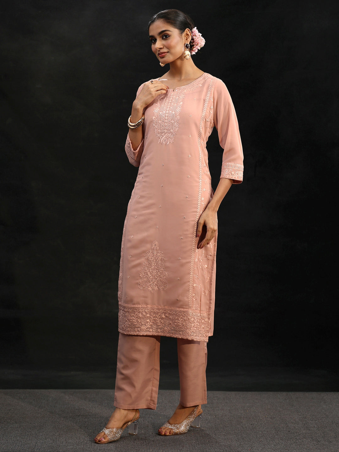  Libas Peach Embroidered Georgette Straight Suit Set 