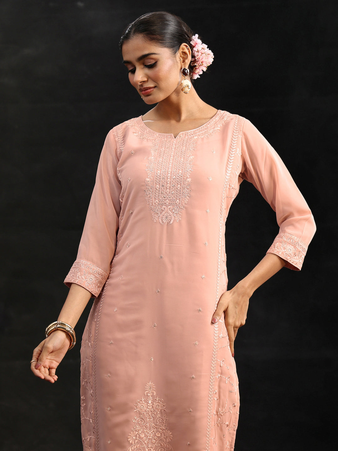  Libas Peach Embroidered Georgette Straight Suit Set 