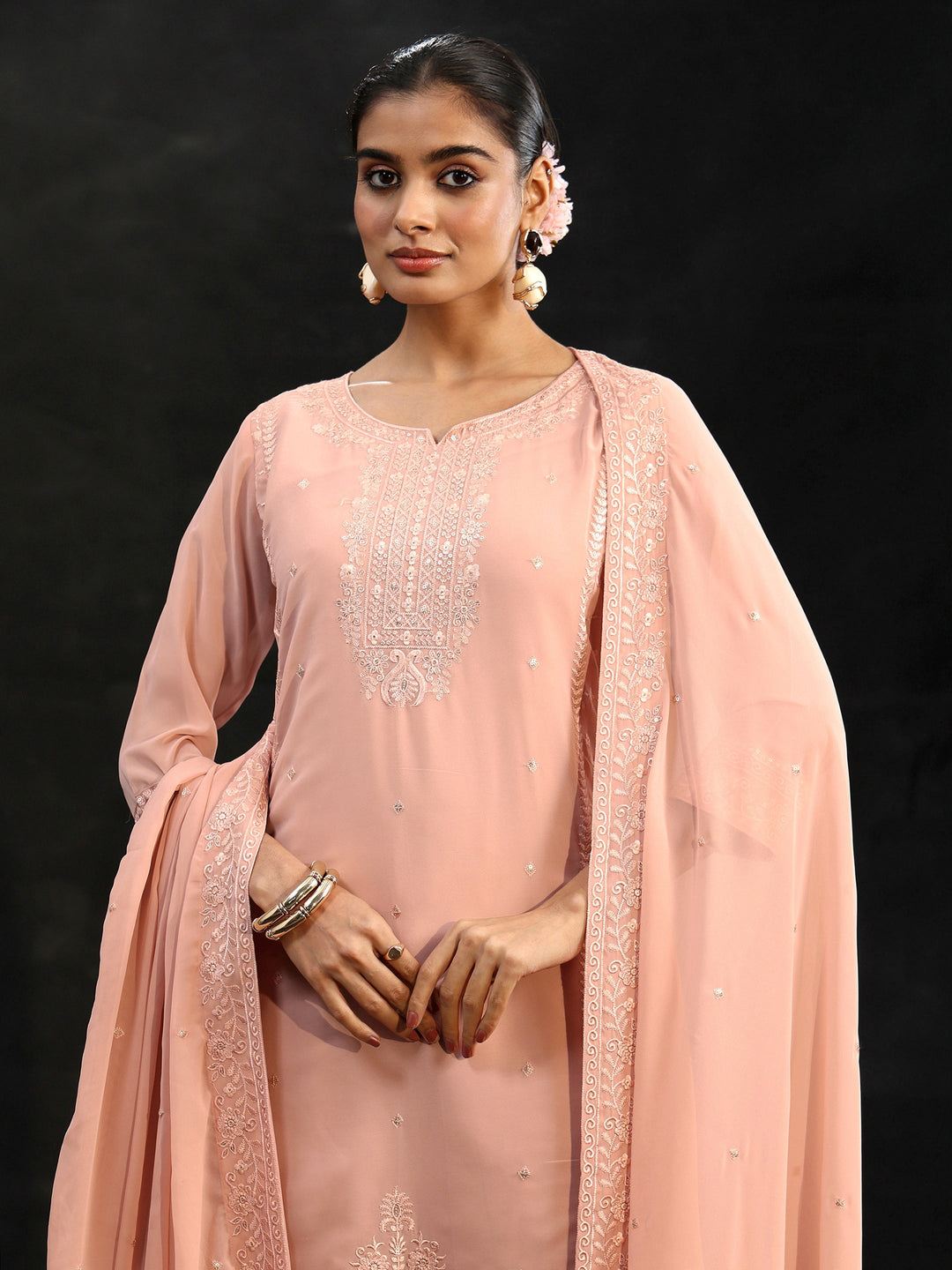  Libas Peach Embroidered Georgette Straight Suit Set 