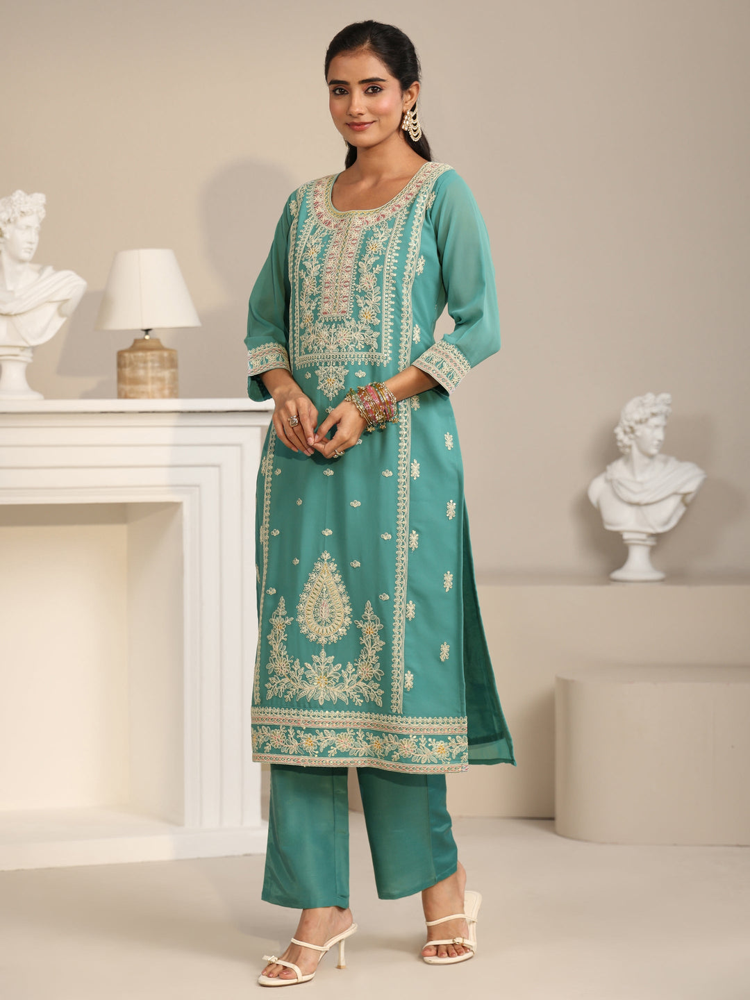  Libas Sea Green Floral Embroidered Georgette Straight Suit Set 