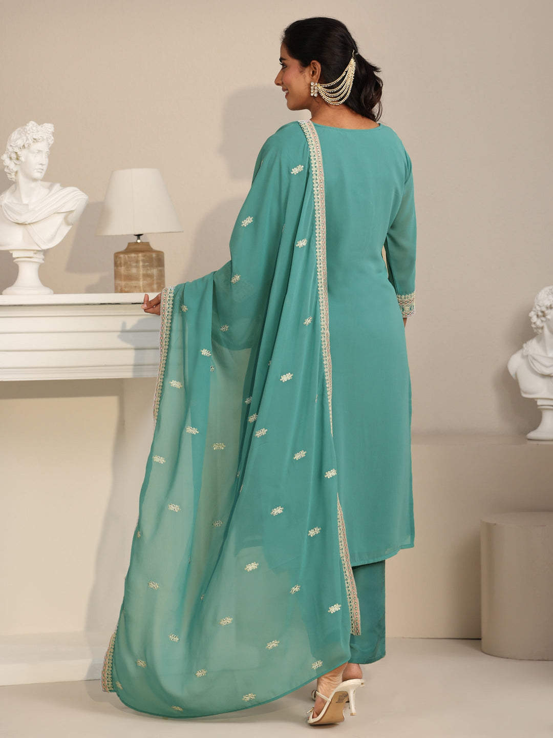  Libas Sea Green Floral Embroidered Georgette Straight Suit Set 