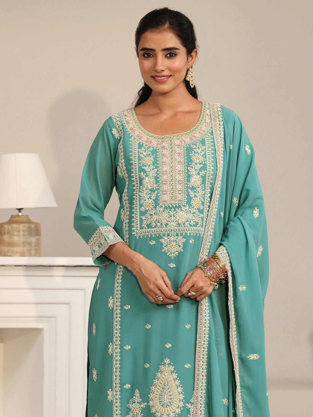  Libas Sea Green Floral Embroidered Georgette Straight Suit Set 