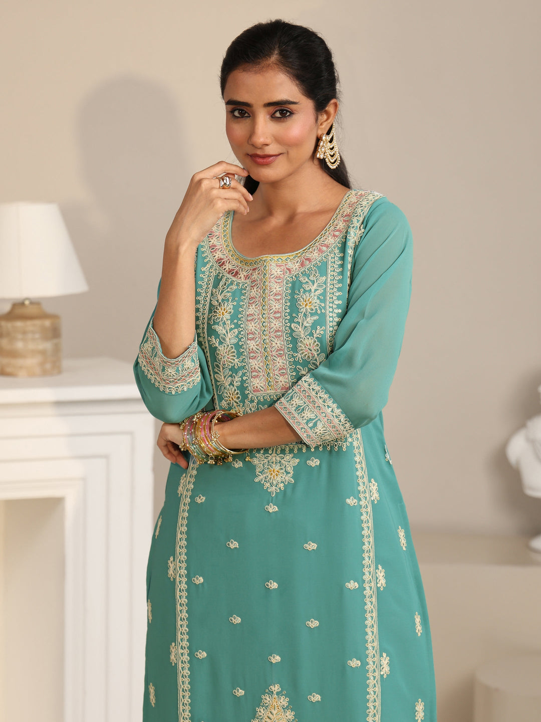  Libas Sea Green Floral Embroidered Georgette Straight Suit Set 