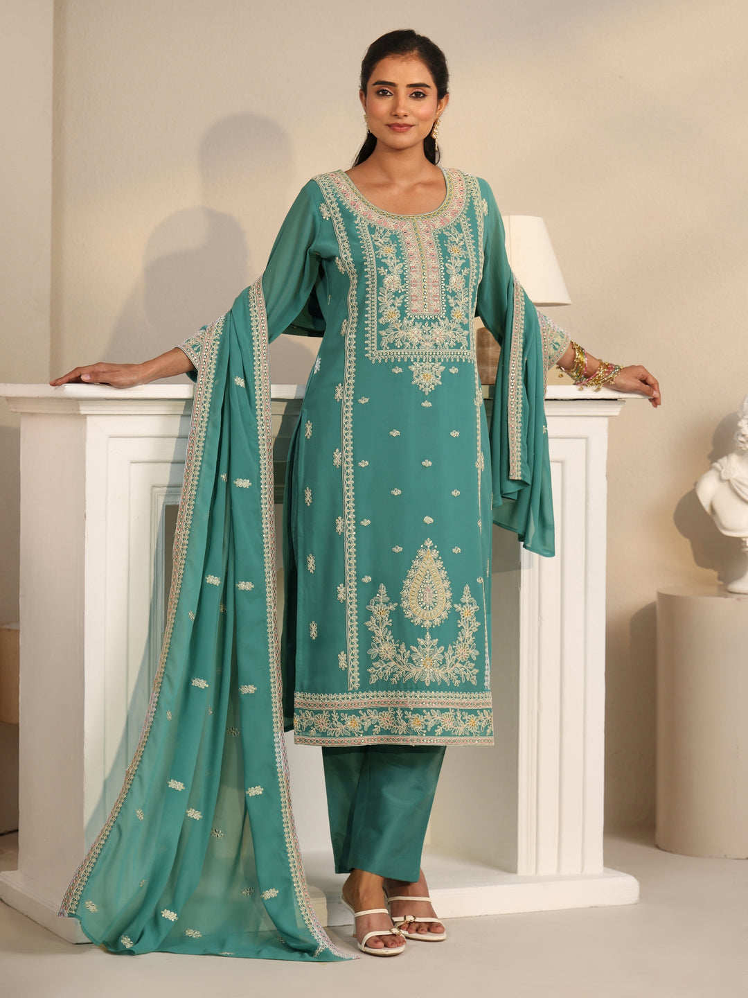  Libas Sea Green Floral Embroidered Georgette Straight Suit Set 