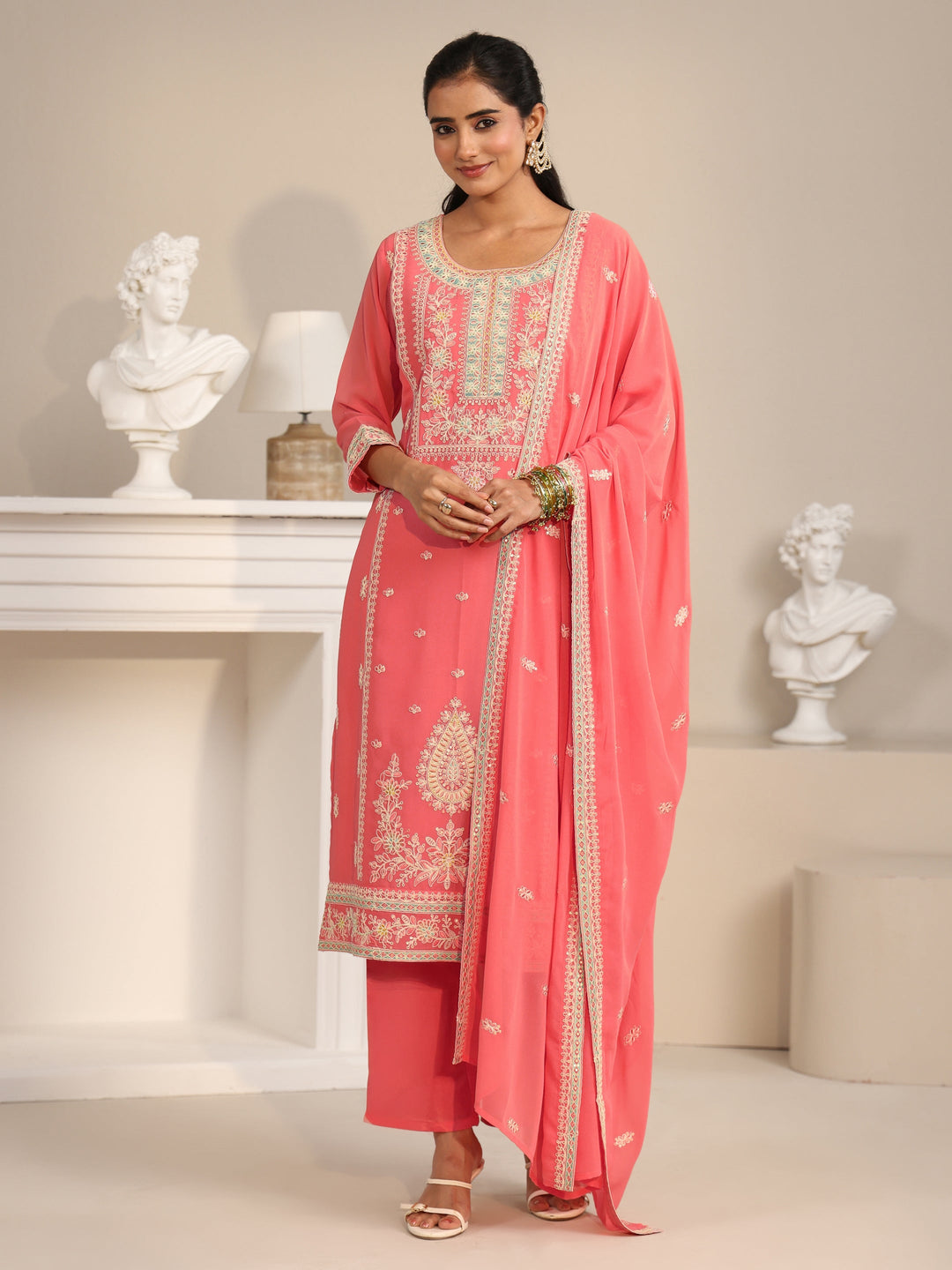  Libas Coral Floral Embroidered Georgette Straight Suit Set 