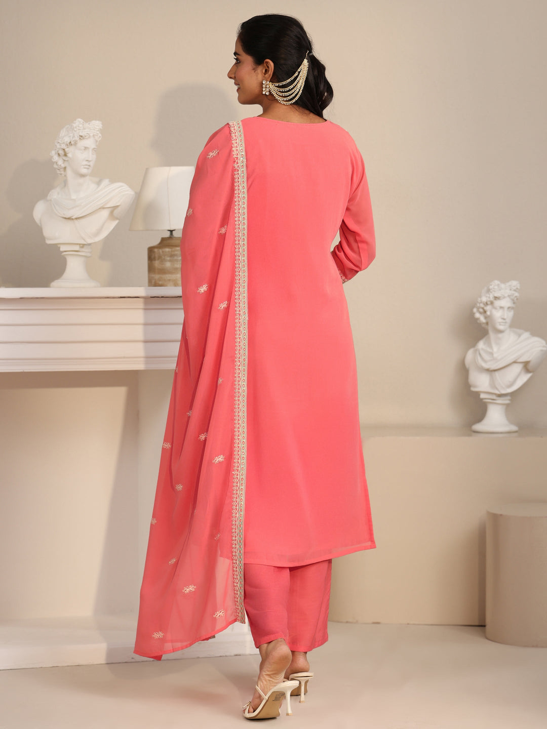  Libas Coral Floral Embroidered Georgette Straight Suit Set 