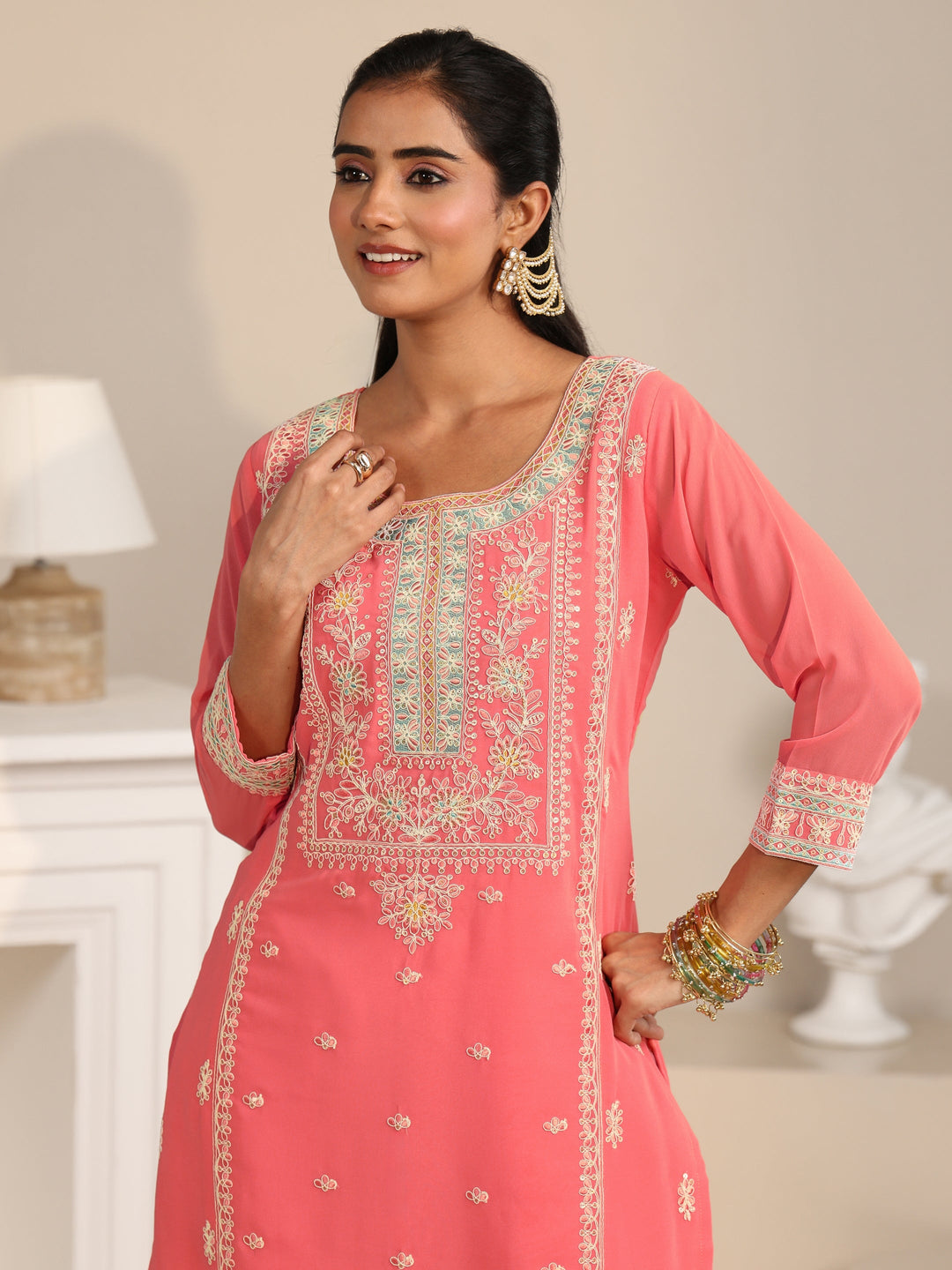  Libas Coral Floral Embroidered Georgette Straight Suit Set 