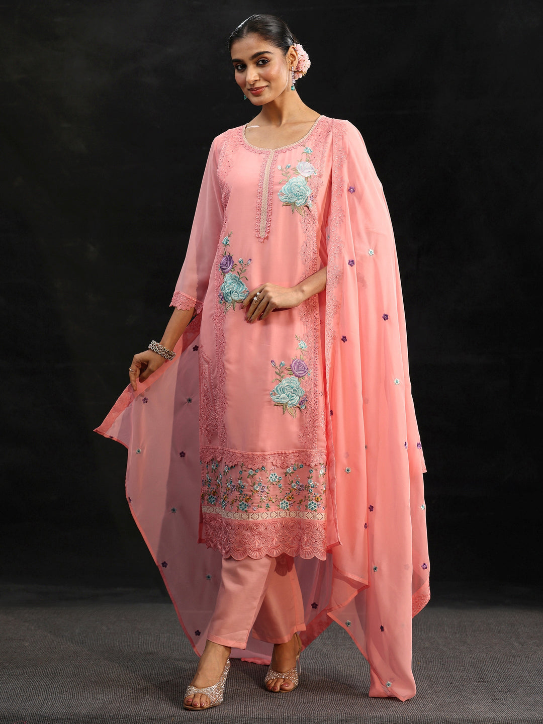  Libas Baby Pink Floral Embroidered Georgette Straight Suit Set 
