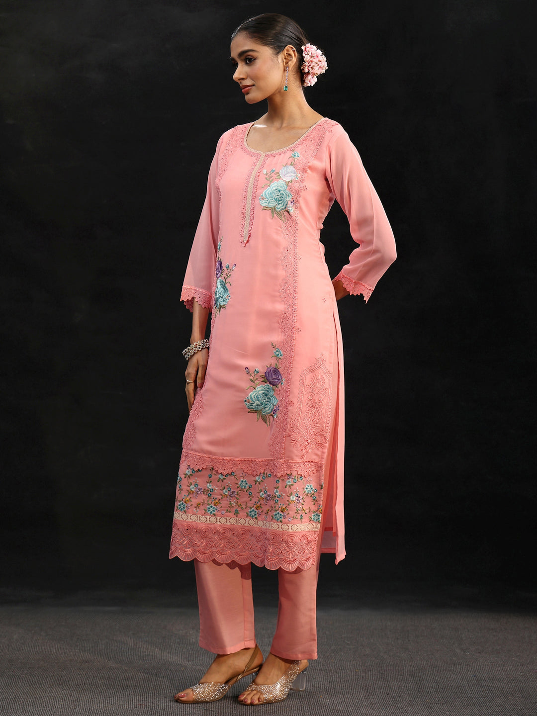  Libas Baby Pink Floral Embroidered Georgette Straight Suit Set 