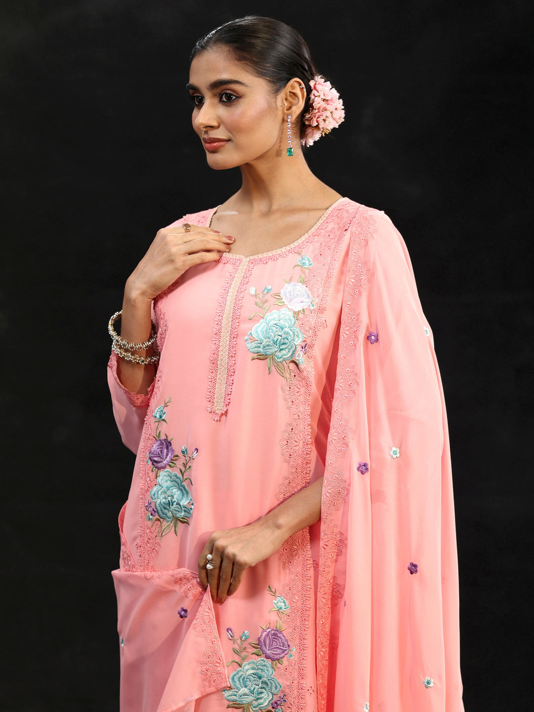  Libas Baby Pink Floral Embroidered Georgette Straight Suit Set 