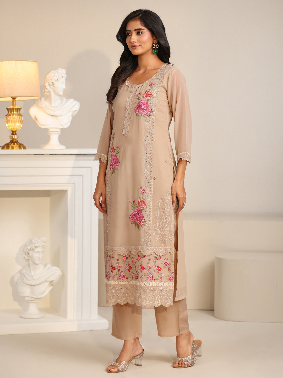  Libas Beige Floral Embroidered Georgette Straight Suit Set 