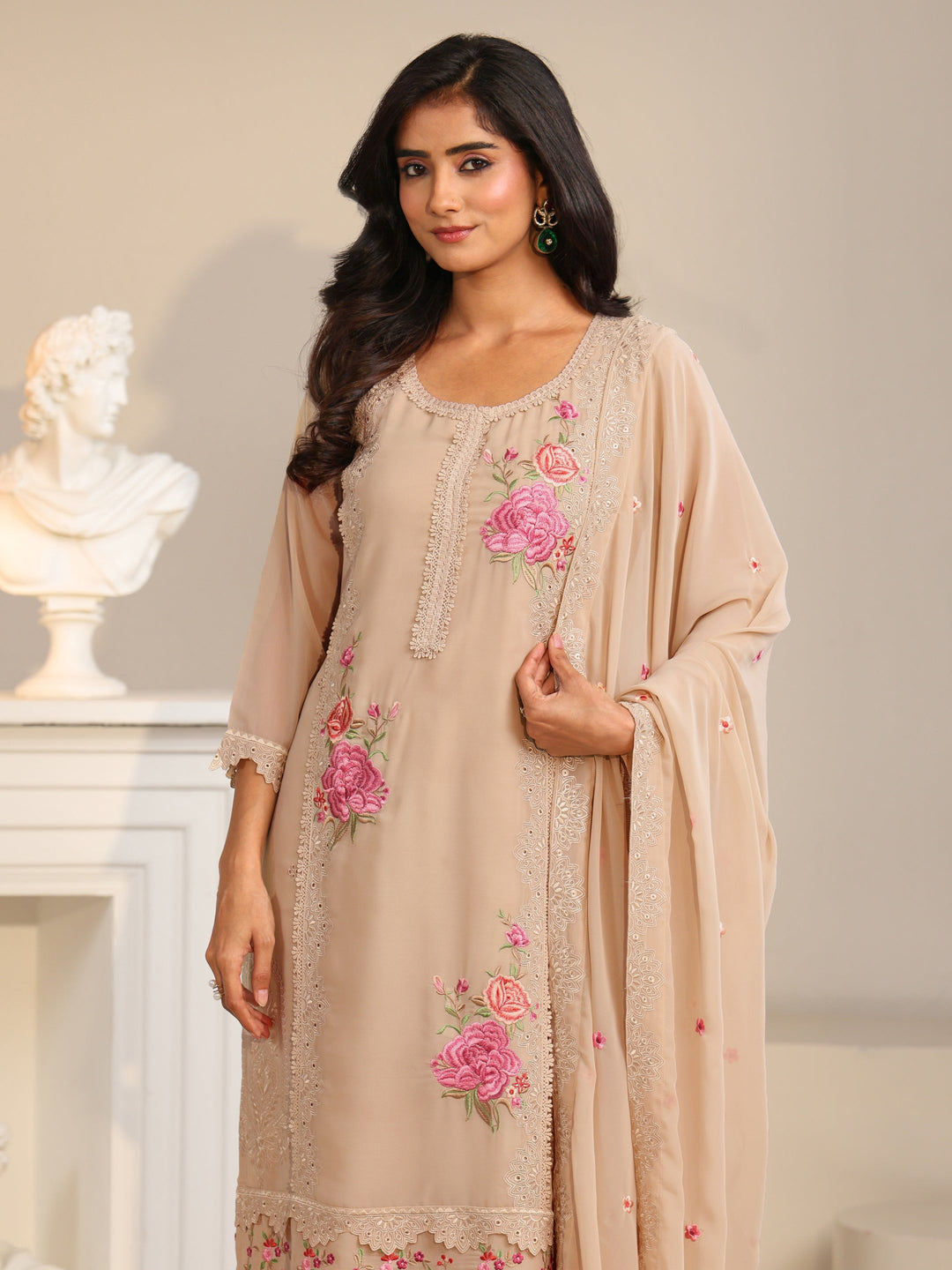  Libas Beige Floral Embroidered Georgette Straight Suit Set 