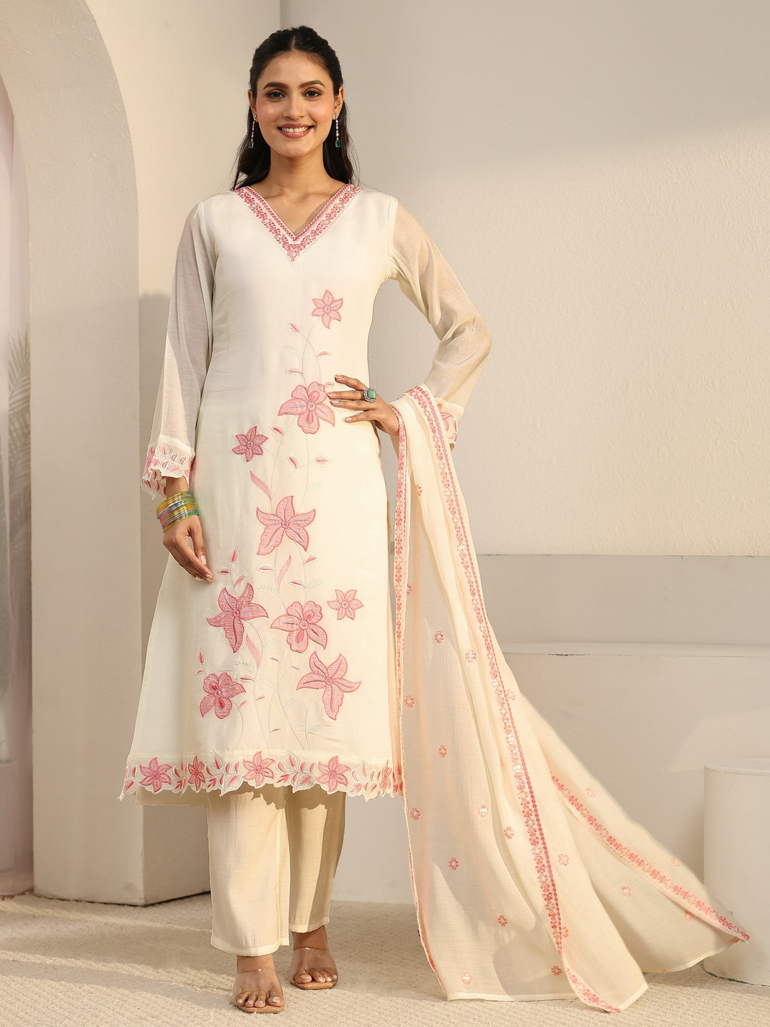  Libas White Floral Embroidered Chanderi Cotton Straight Suit Set 