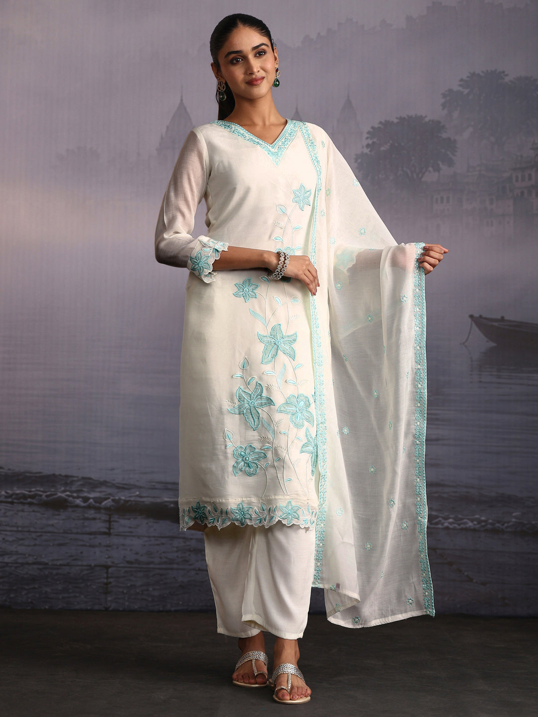 Libas White Floral Embroidered Chanderi Cotton Straight Suit Set 