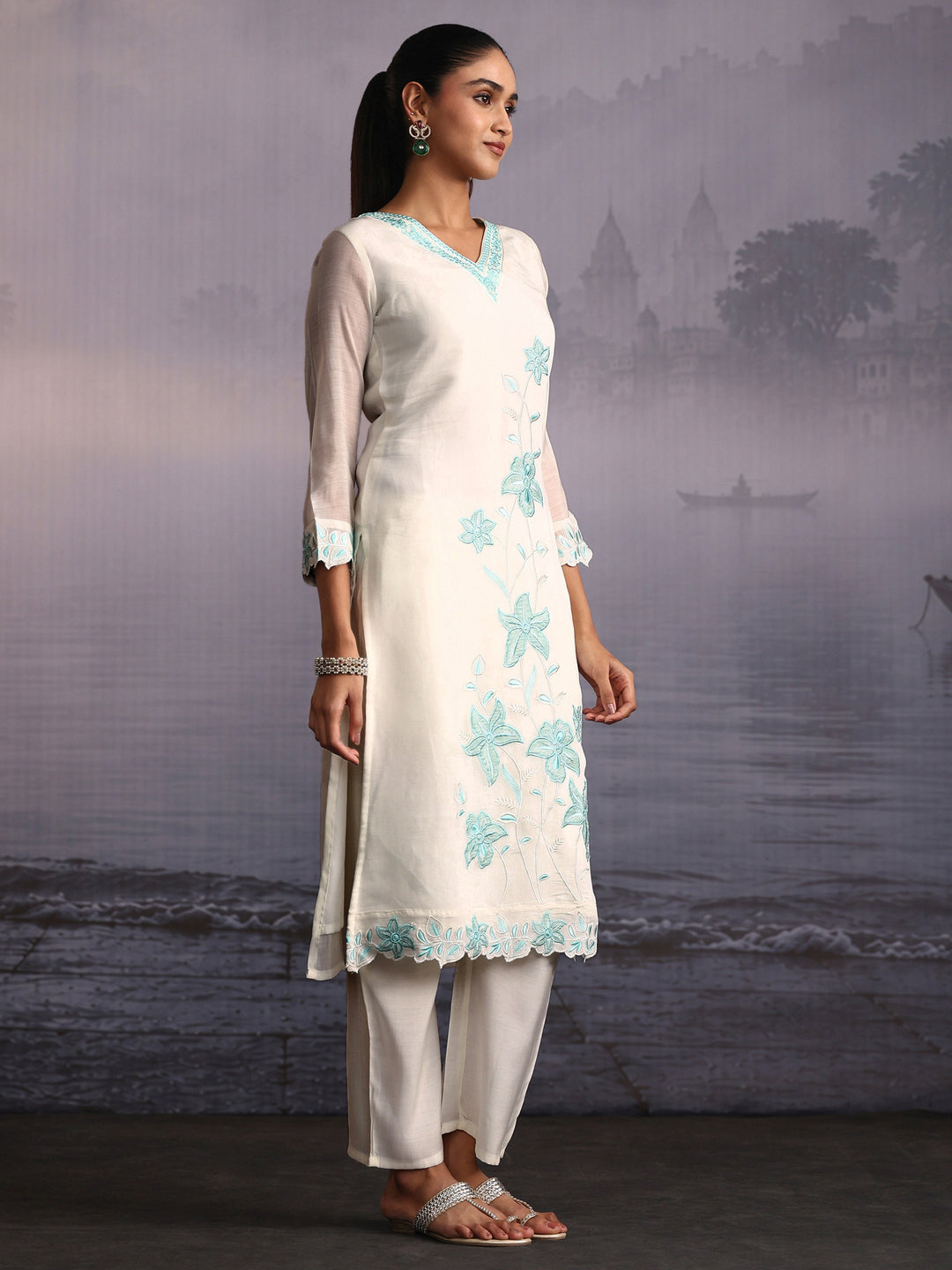  Libas White Floral Embroidered Chanderi Cotton Straight Suit Set 
