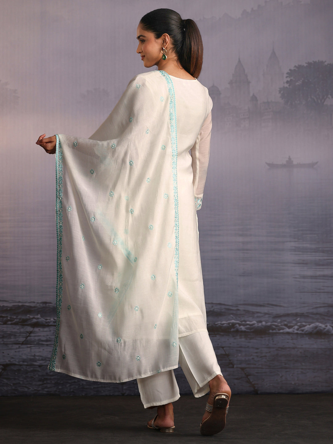  Libas White Floral Embroidered Chanderi Cotton Straight Suit Set 