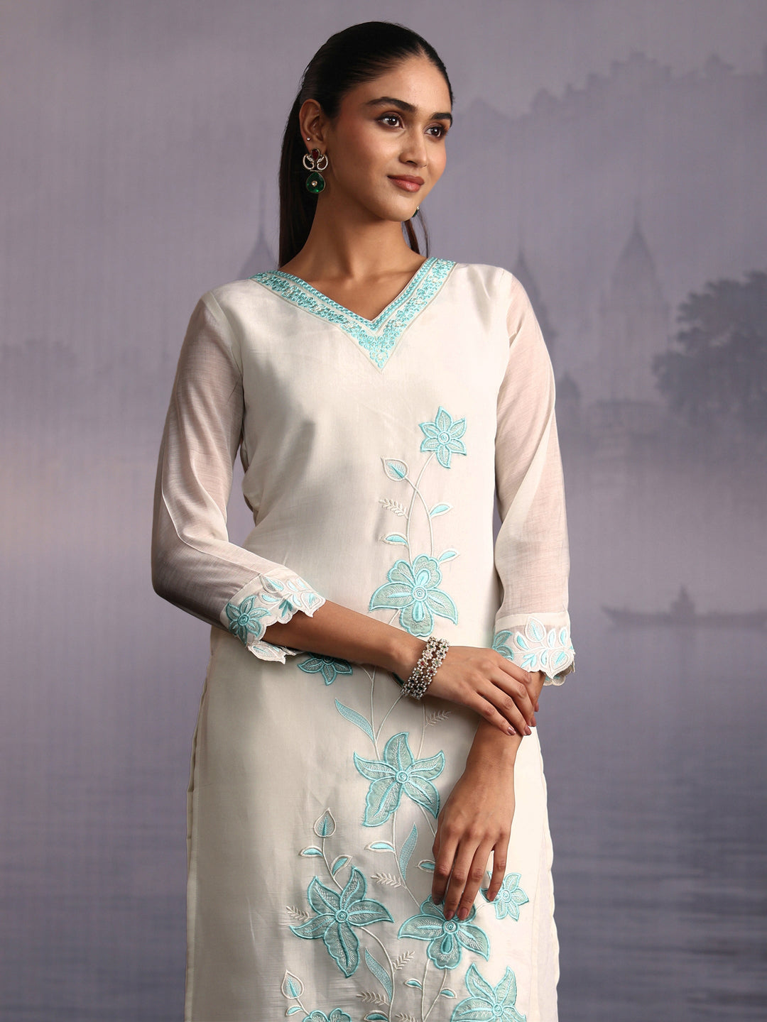 Libas White Floral Embroidered Chanderi Cotton Straight Suit Set 