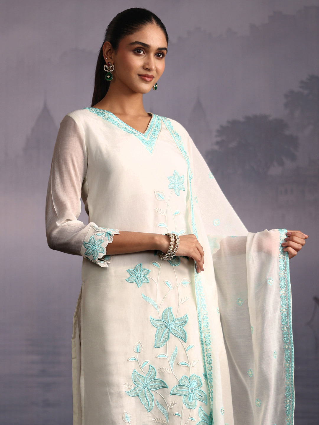  Libas White Floral Embroidered Chanderi Cotton Straight Suit Set 