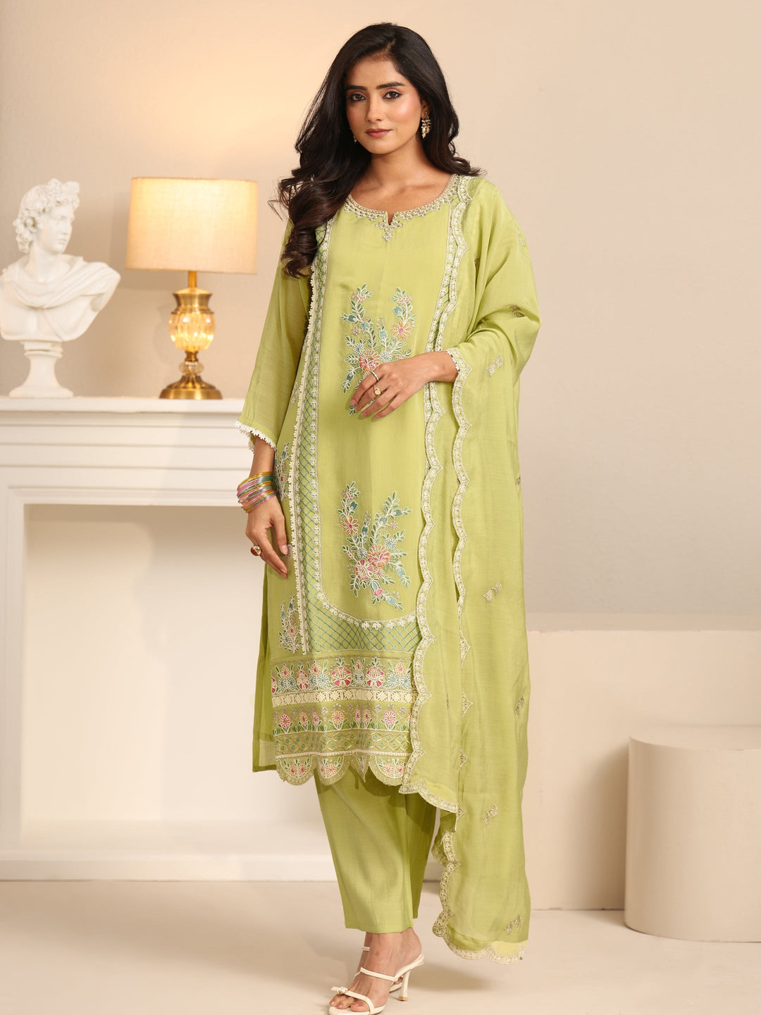  Libas Pista Green Floral Embroidered Chanderi Cotton Straight Suit Set 