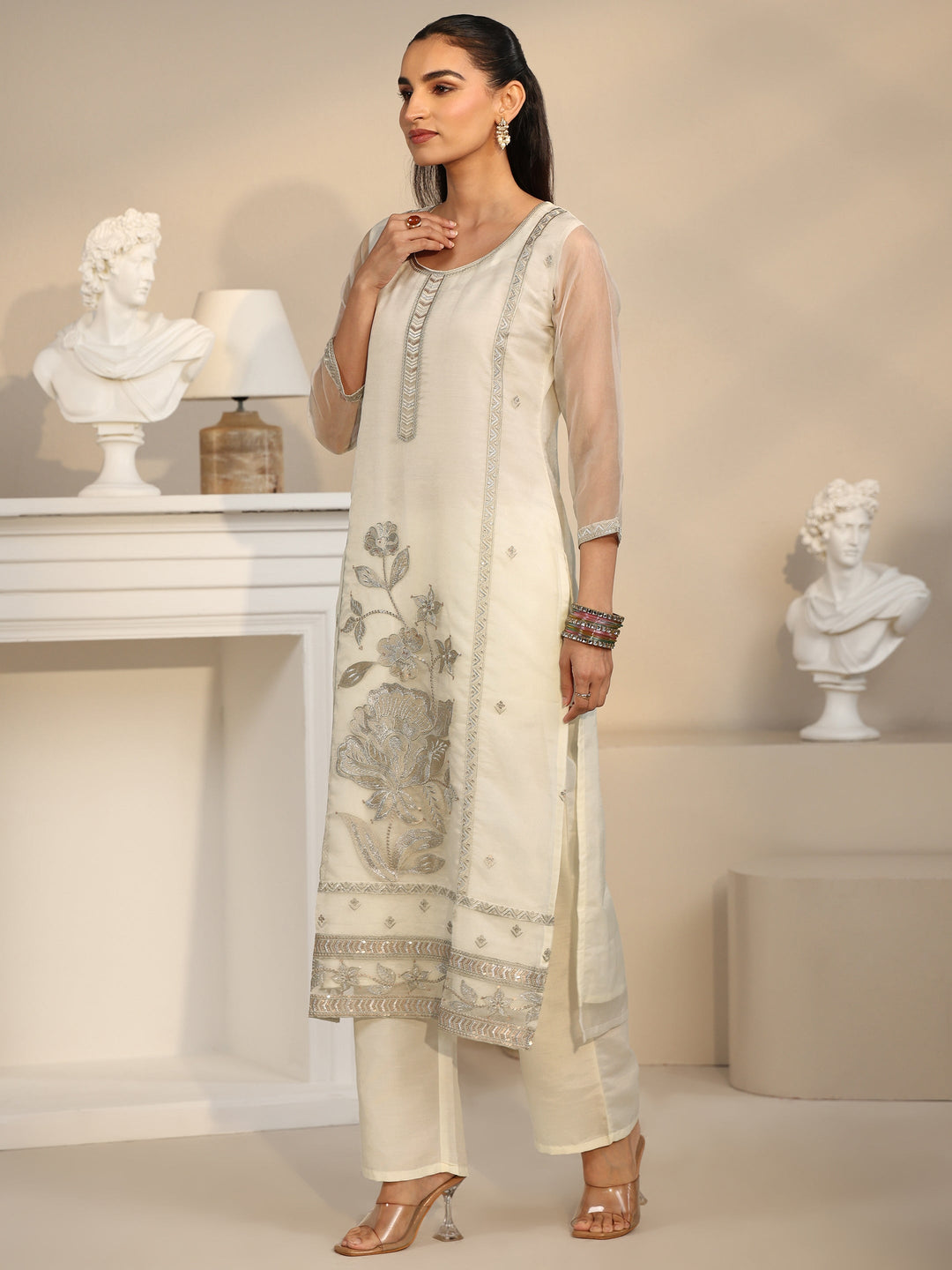  Libas Off White Floral Embellished Organza Straight Suit Set 
