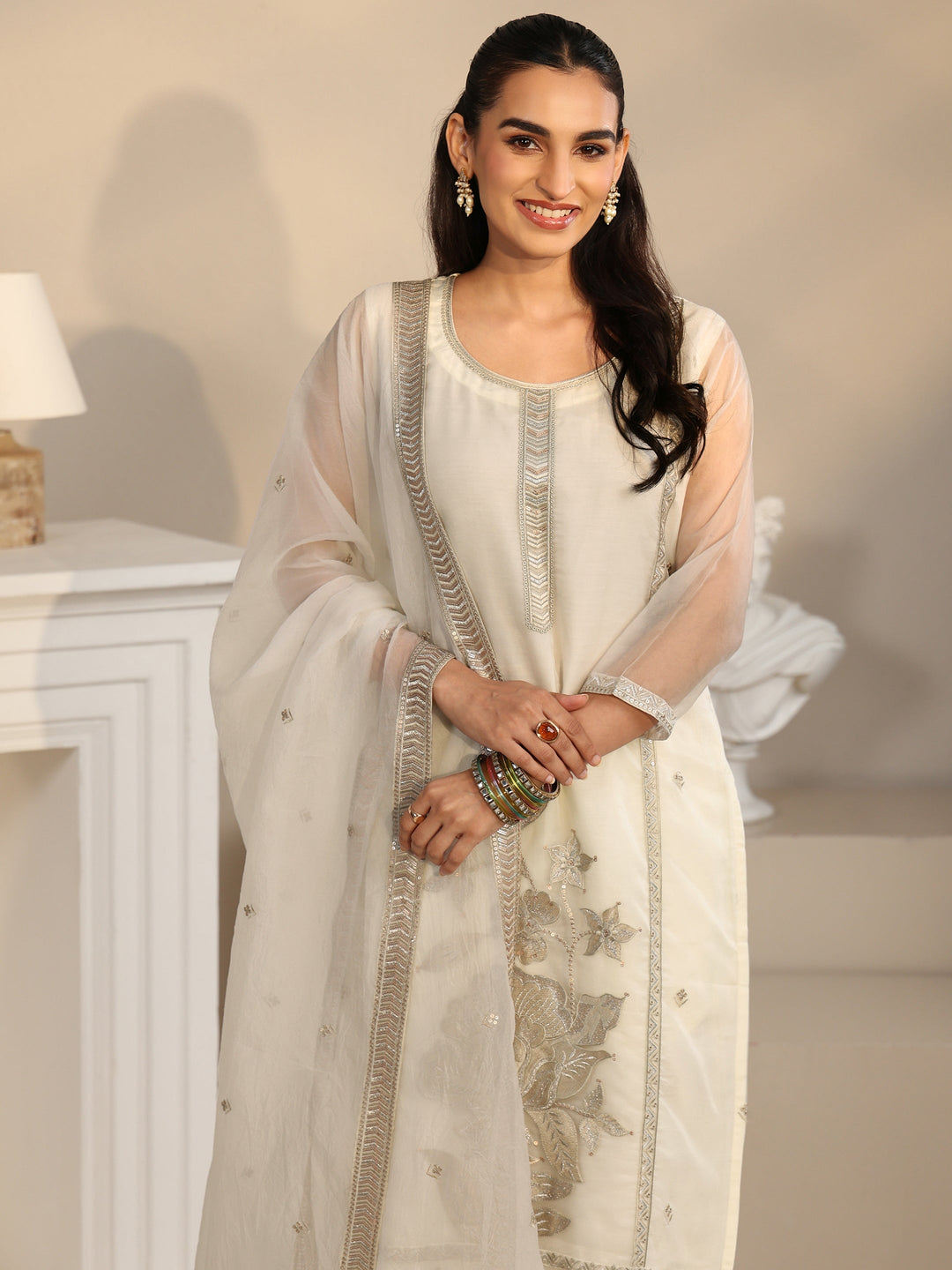  Libas Off White Floral Embellished Organza Straight Suit Set 