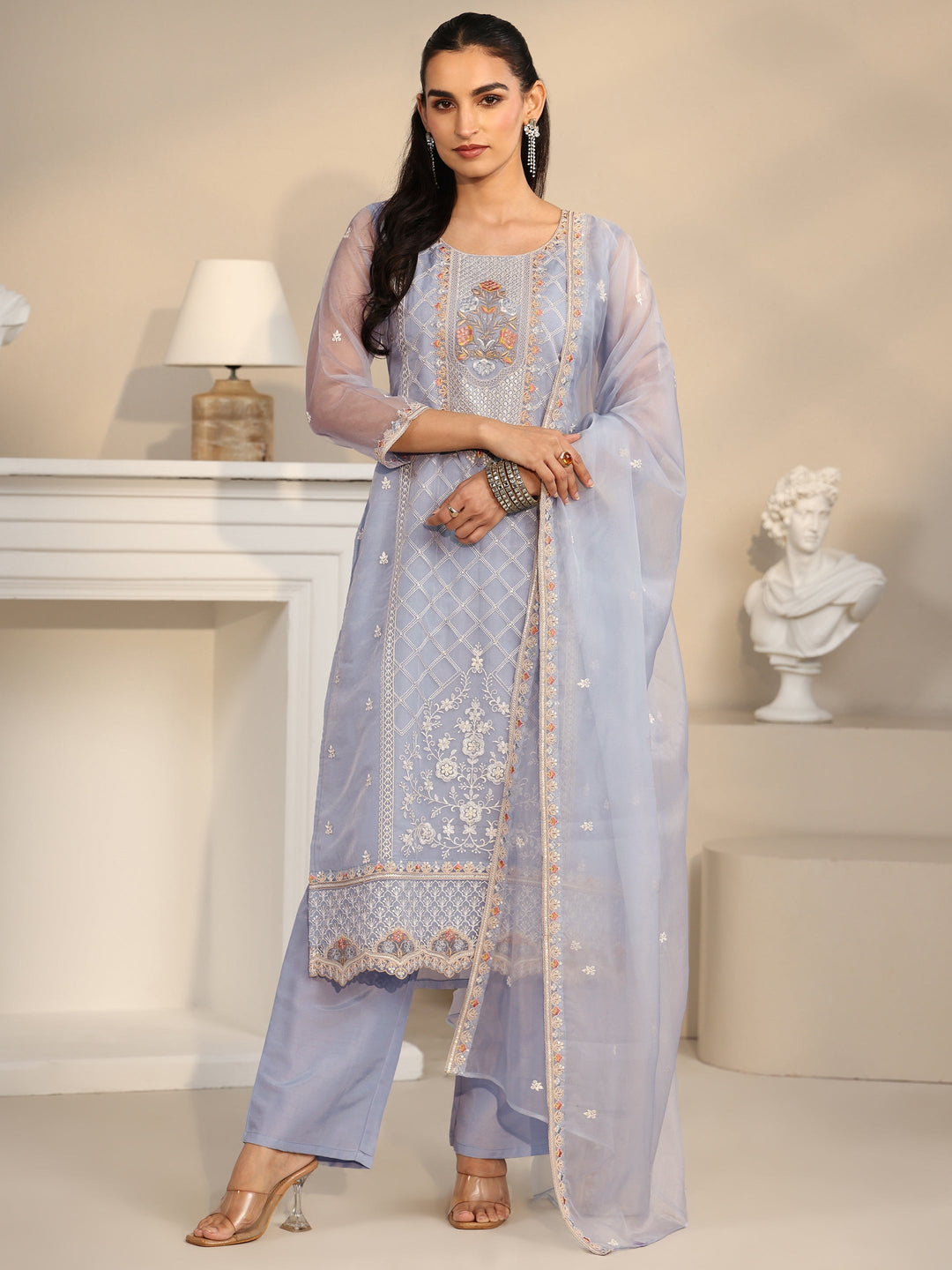  Libas Ice Blue Floral Embroidered Organza Straight Suit Set 