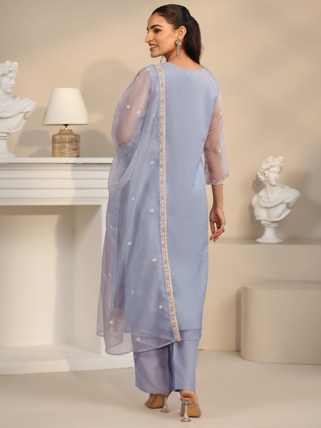  Libas Ice Blue Floral Embroidered Organza Straight Suit Set 