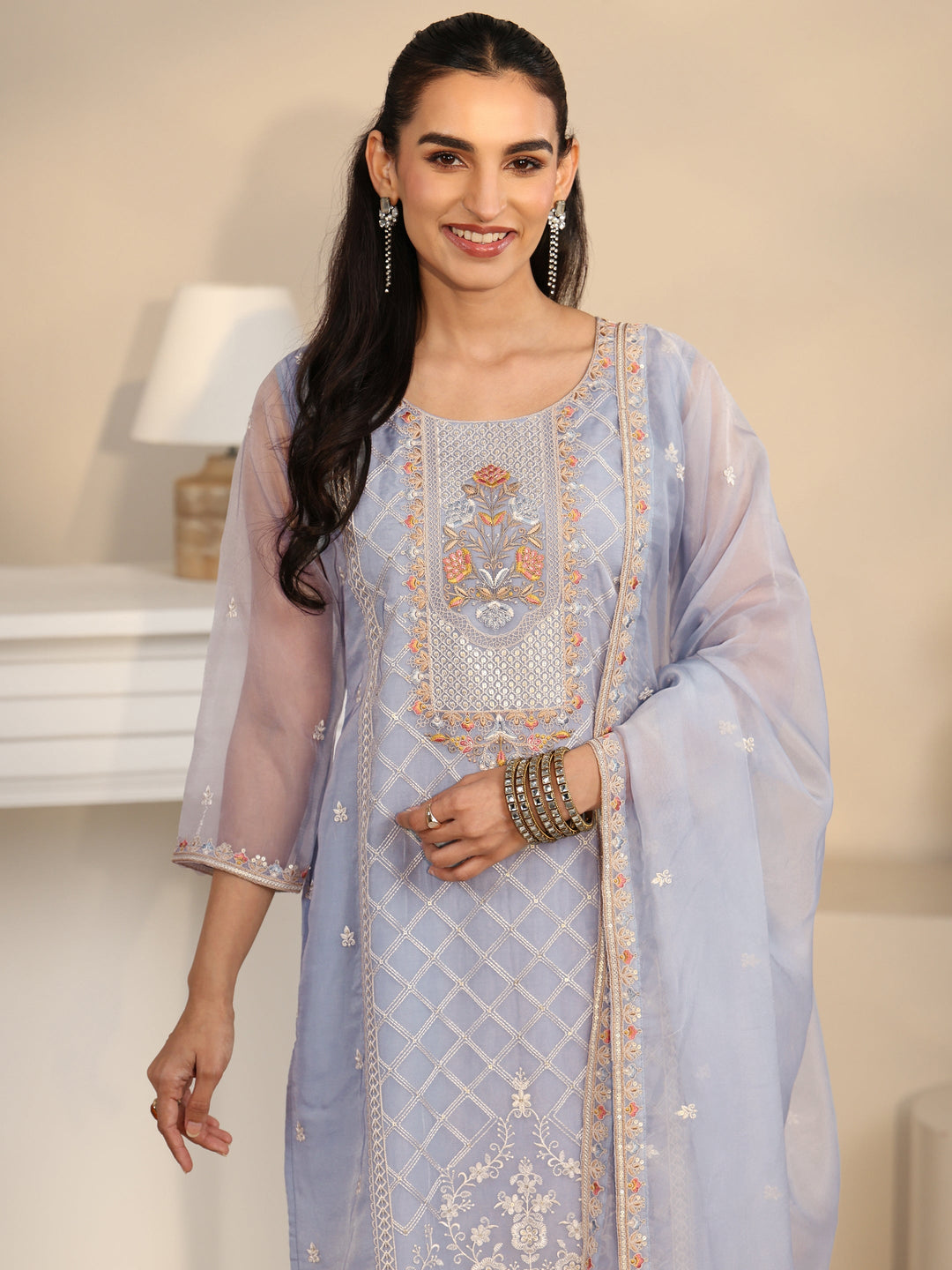  Libas Ice Blue Floral Embroidered Organza Straight Suit Set 