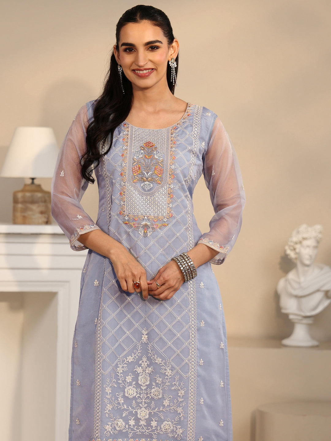  Libas Ice Blue Floral Embroidered Organza Straight Suit Set 
