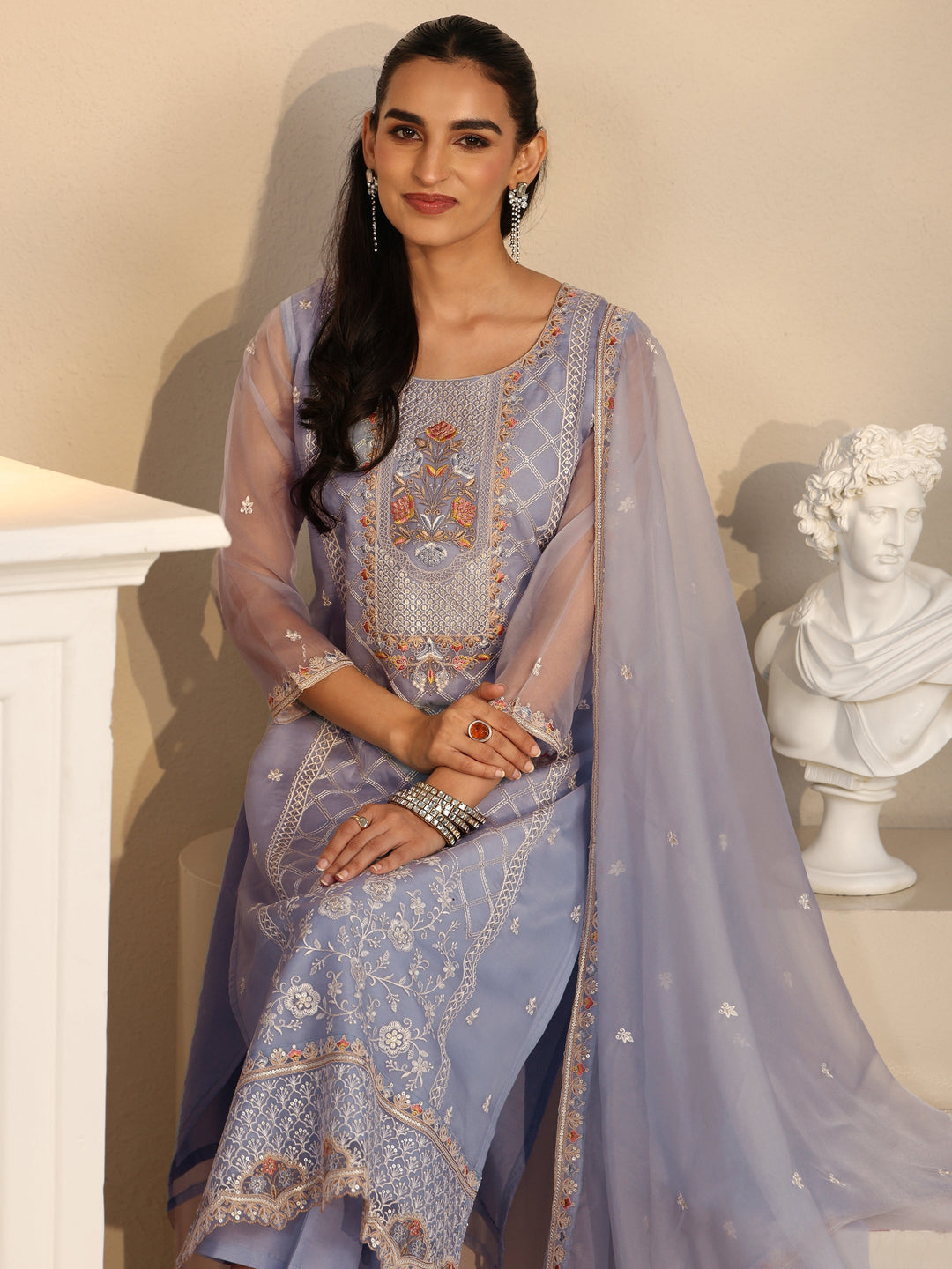  Libas Ice Blue Floral Embroidered Organza Straight Suit Set 