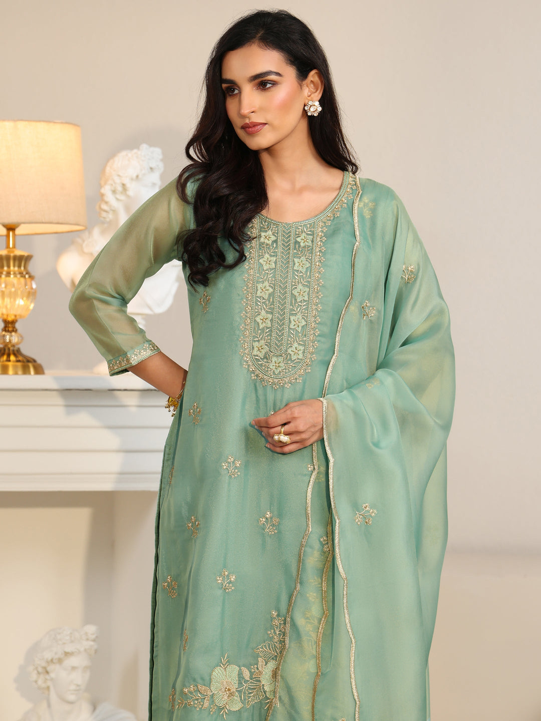  Libas Ocean Blue Floral Embroidered Organza Straight Suit Set 