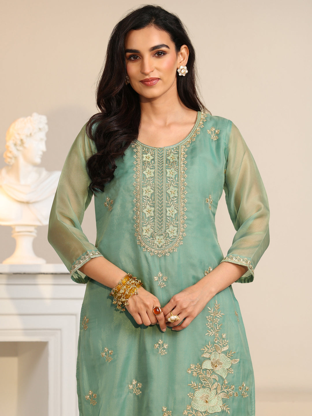  Libas Ocean Blue Floral Embroidered Organza Straight Suit Set 