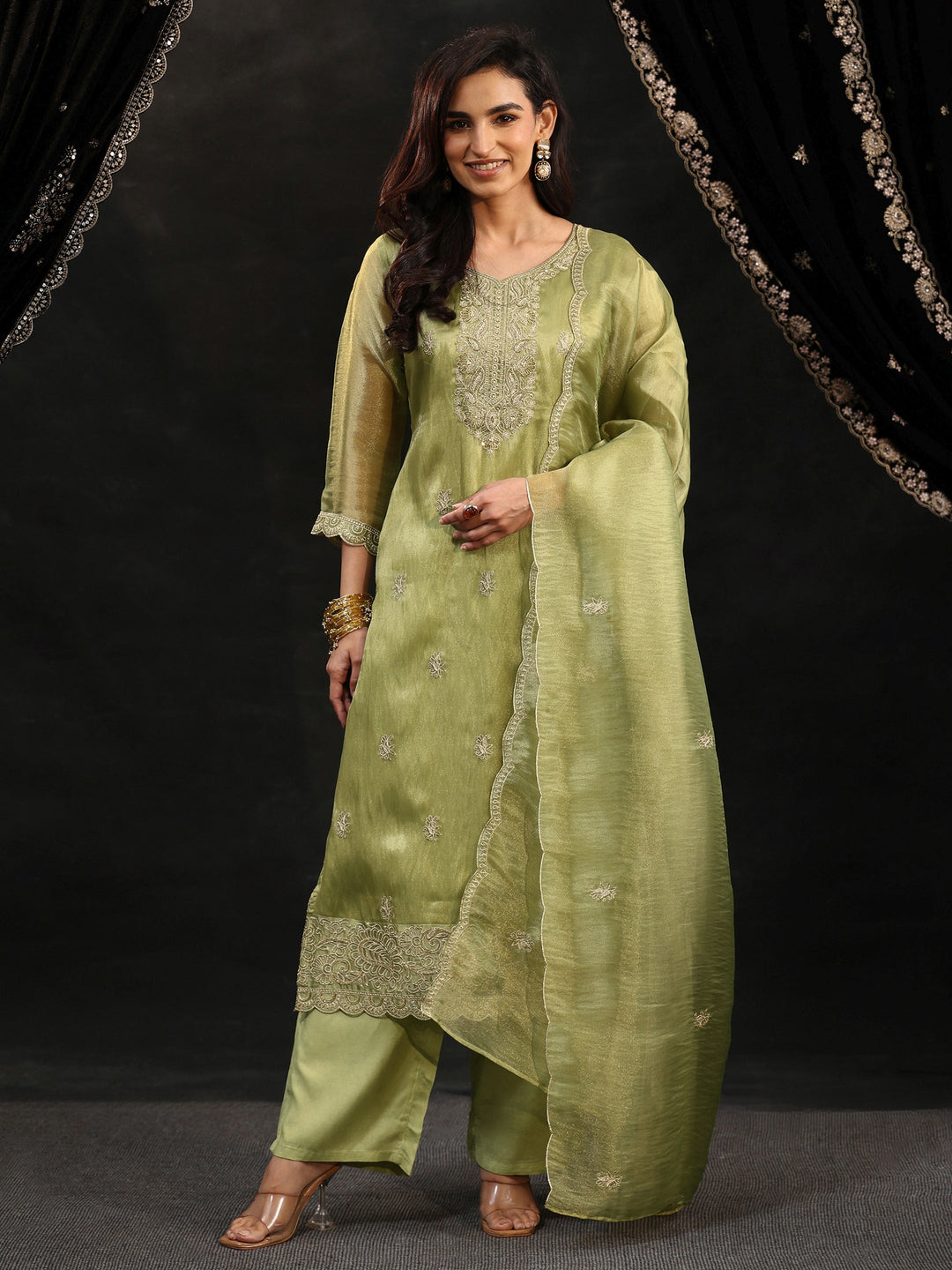  Libas Pista Green Floral Embroidered Organza Straight Suit Set 