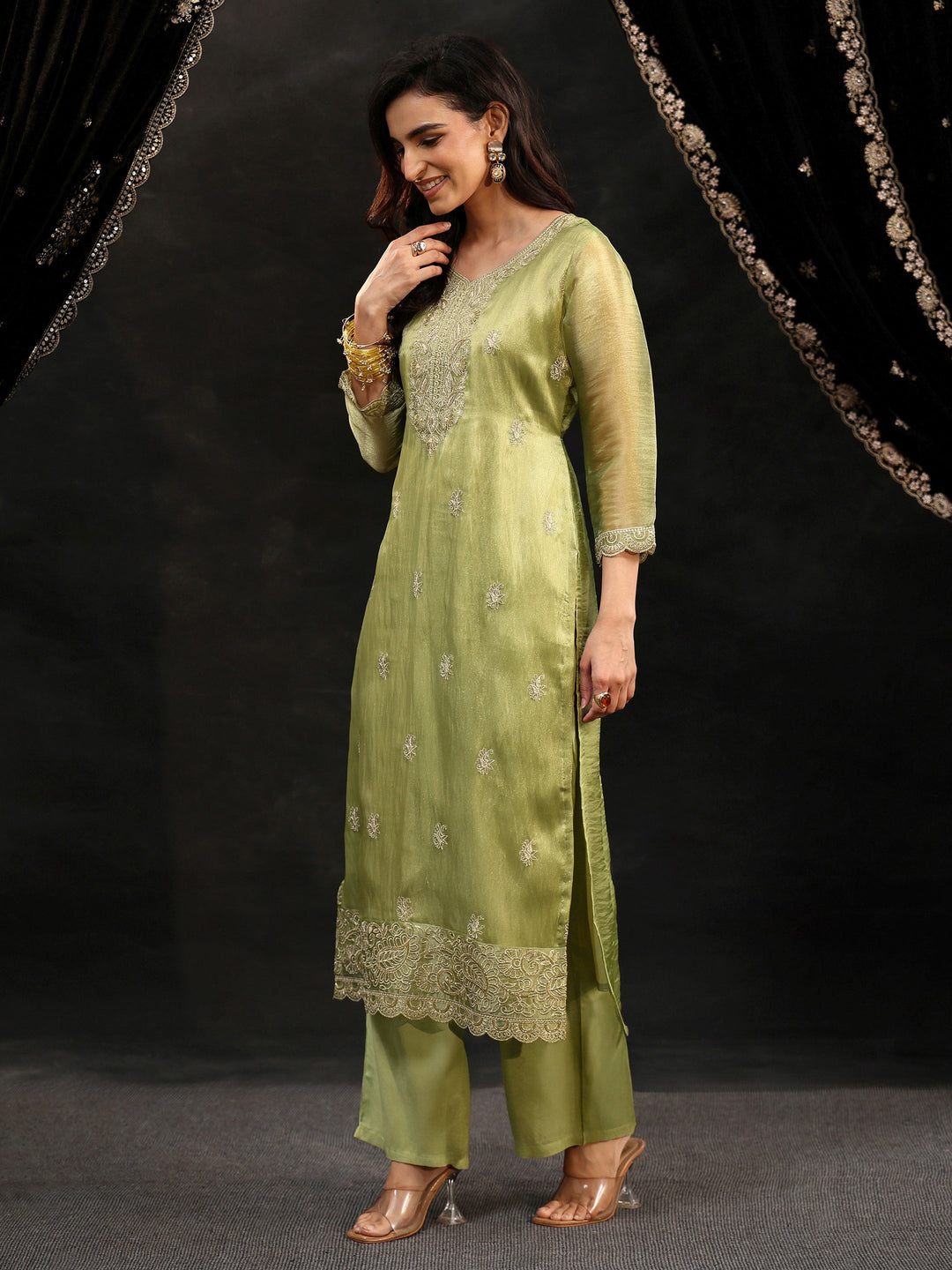  Libas Pista Green Floral Embroidered Organza Straight Suit Set 