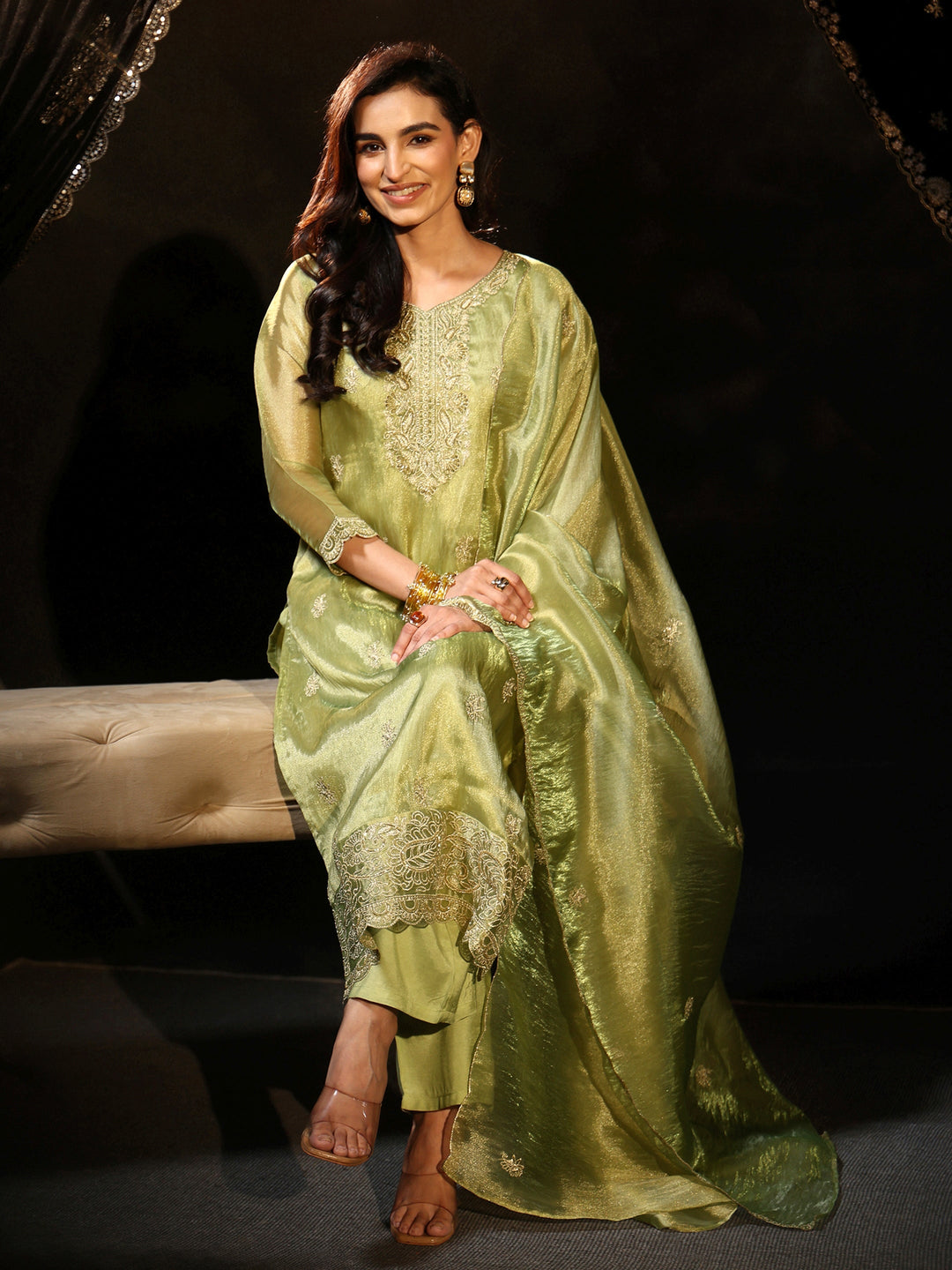  Libas Pista Green Floral Embroidered Organza Straight Suit Set 