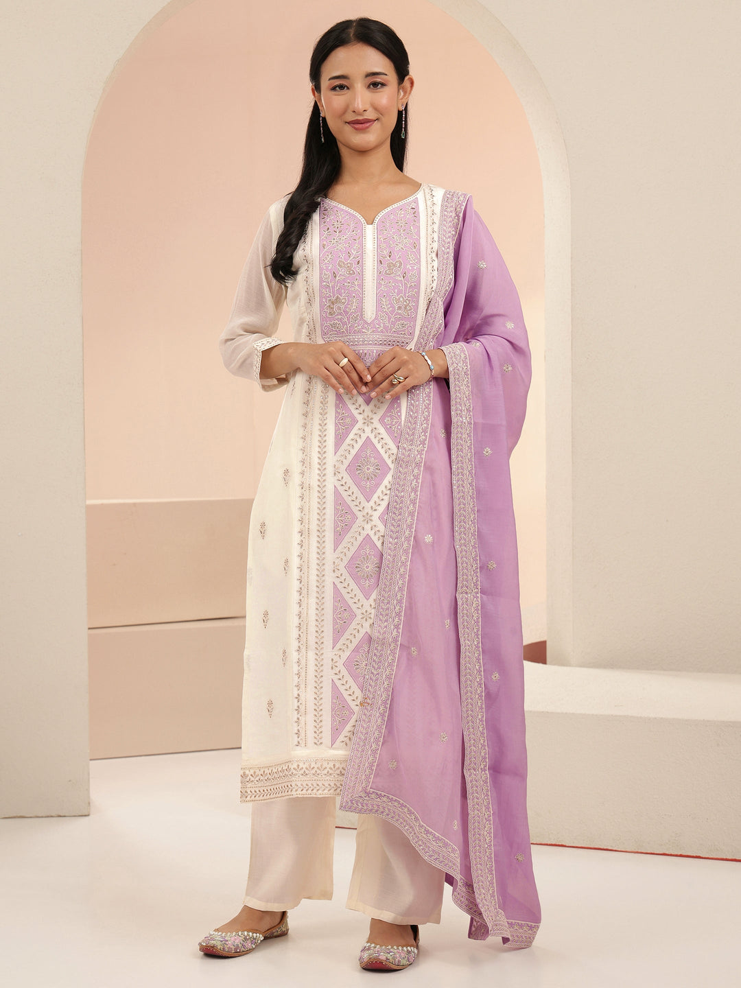  Libas White Floral Embroidered Chanderi Cotton Straight Suit Set 