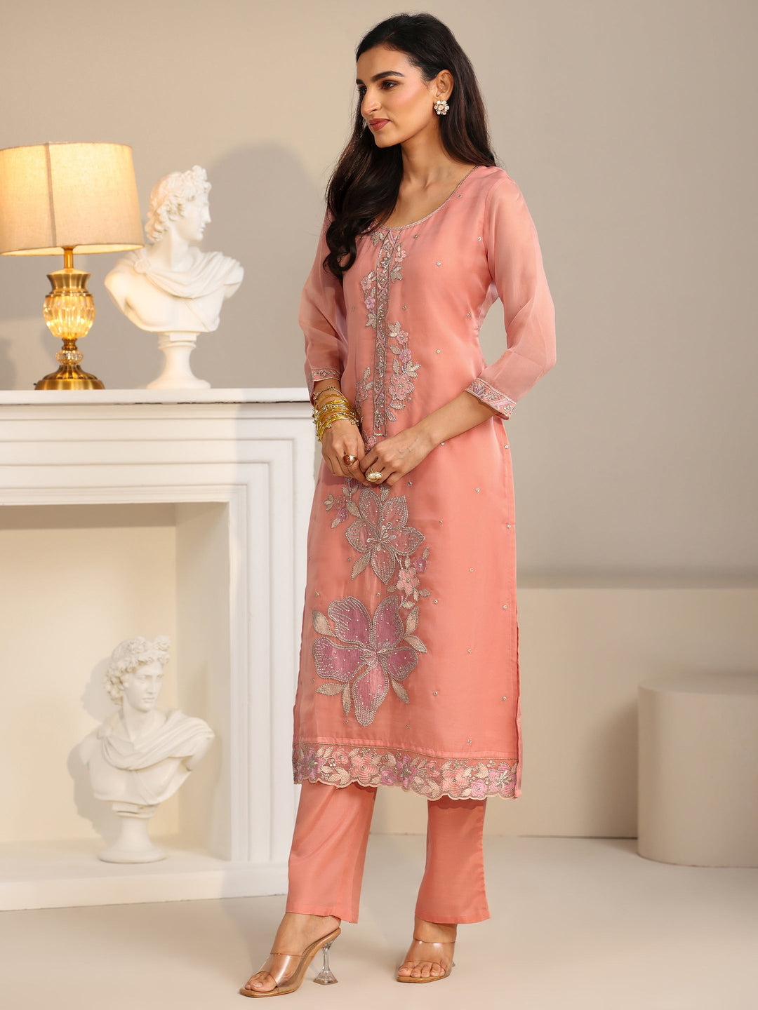  Libas Peach Orange Floral Embellished Tissue Straight Suit Set 