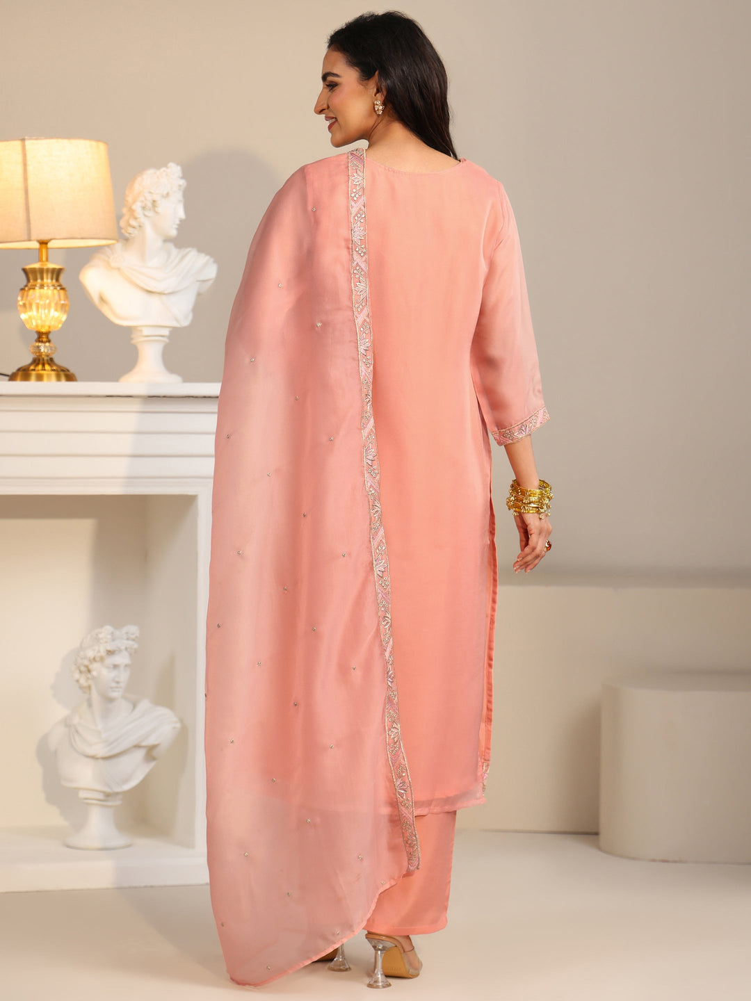  Libas Peach Orange Floral Embellished Tissue Straight Suit Set 