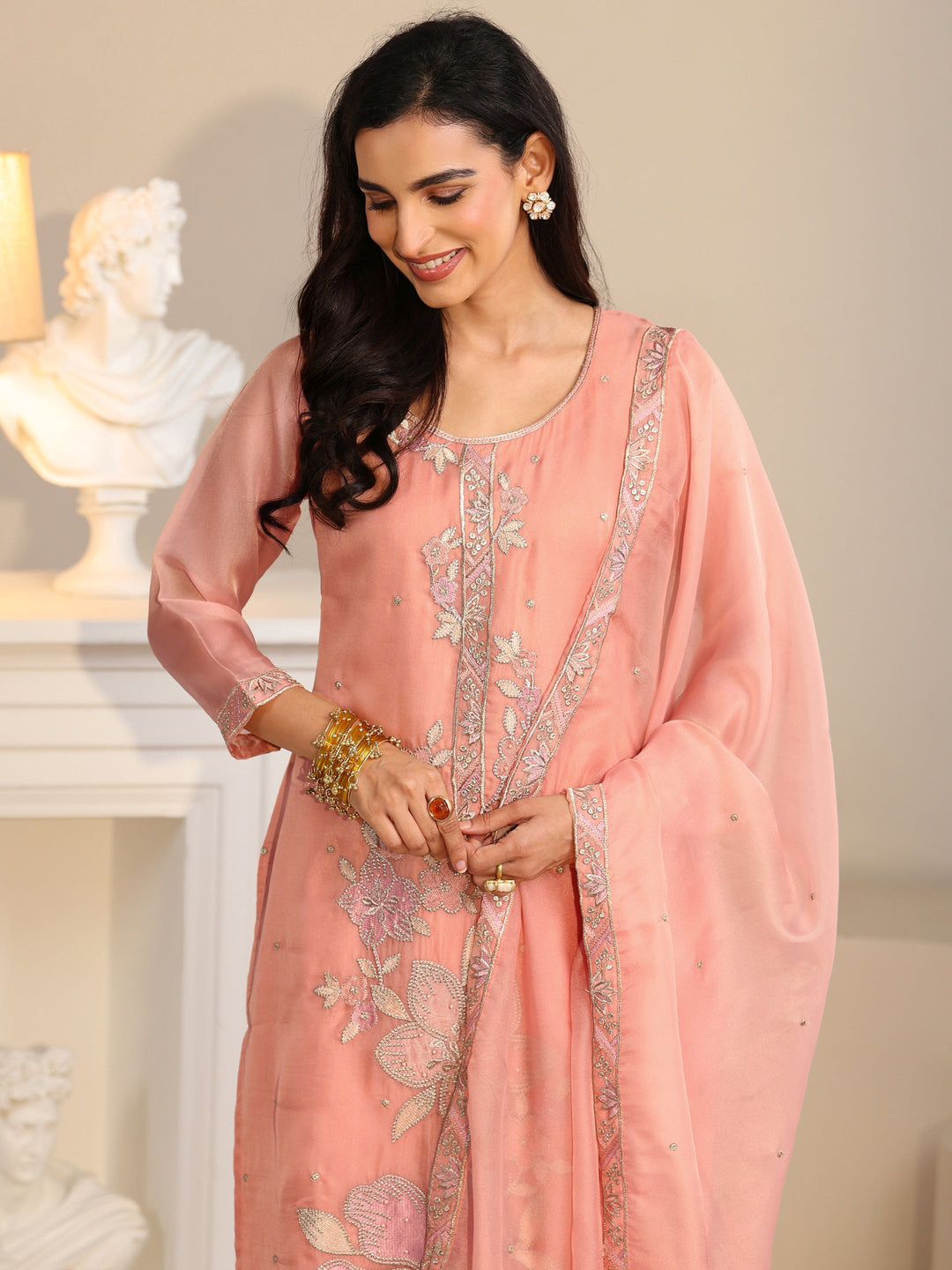  Libas Peach Orange Floral Embellished Tissue Straight Suit Set 