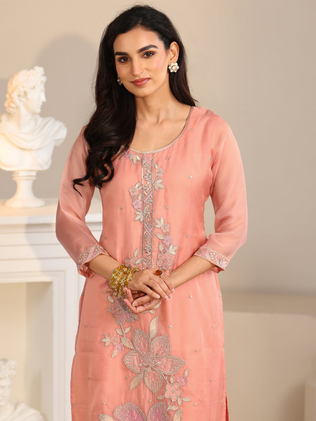  Libas Peach Orange Floral Embellished Tissue Straight Suit Set 