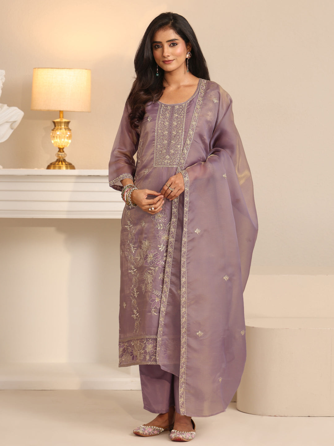  Libas Lavender Floral Embellished Tissue Straight Suit Set 