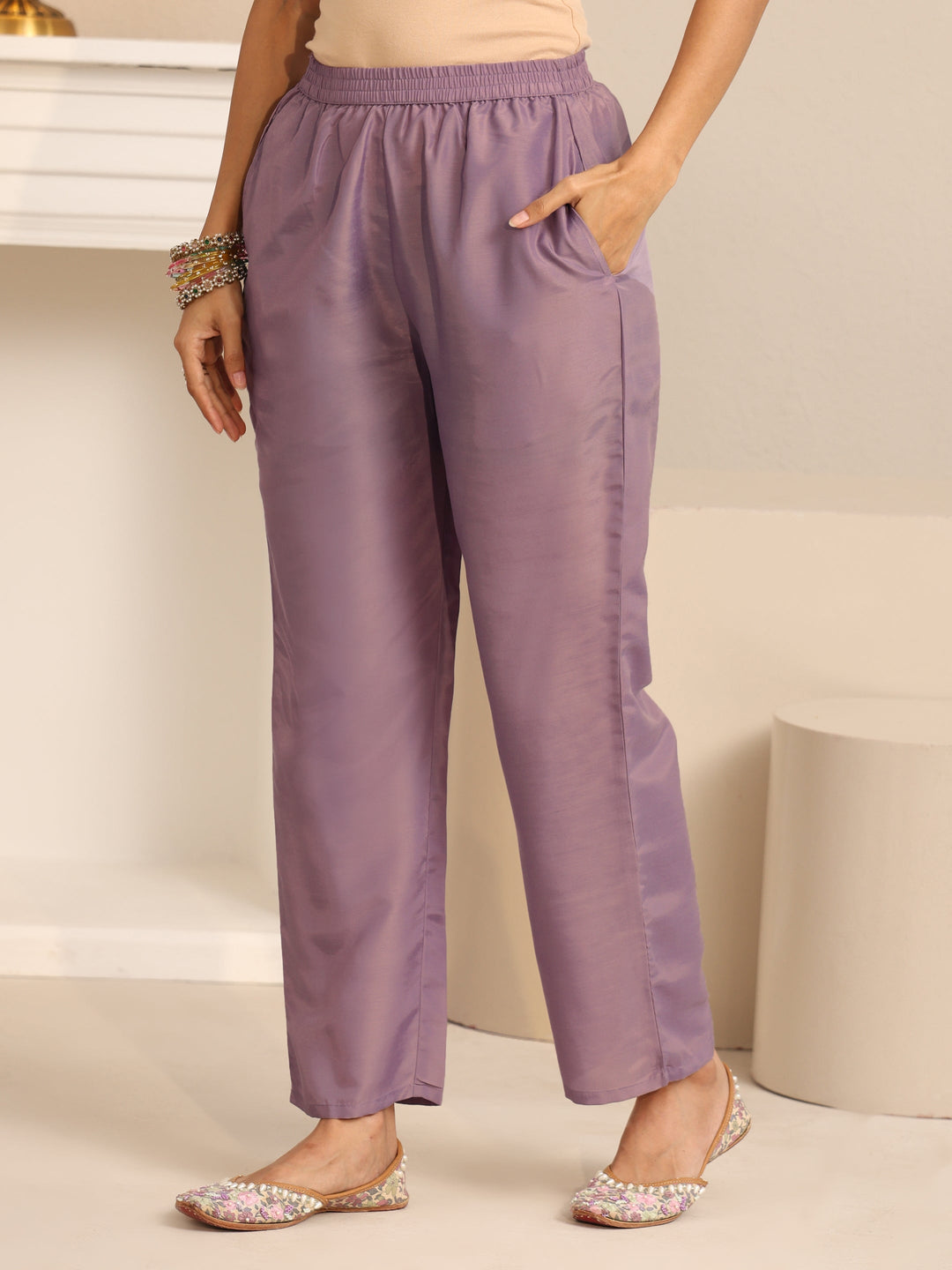  Libas Lavender Floral Embellished Tissue Straight Suit Set 