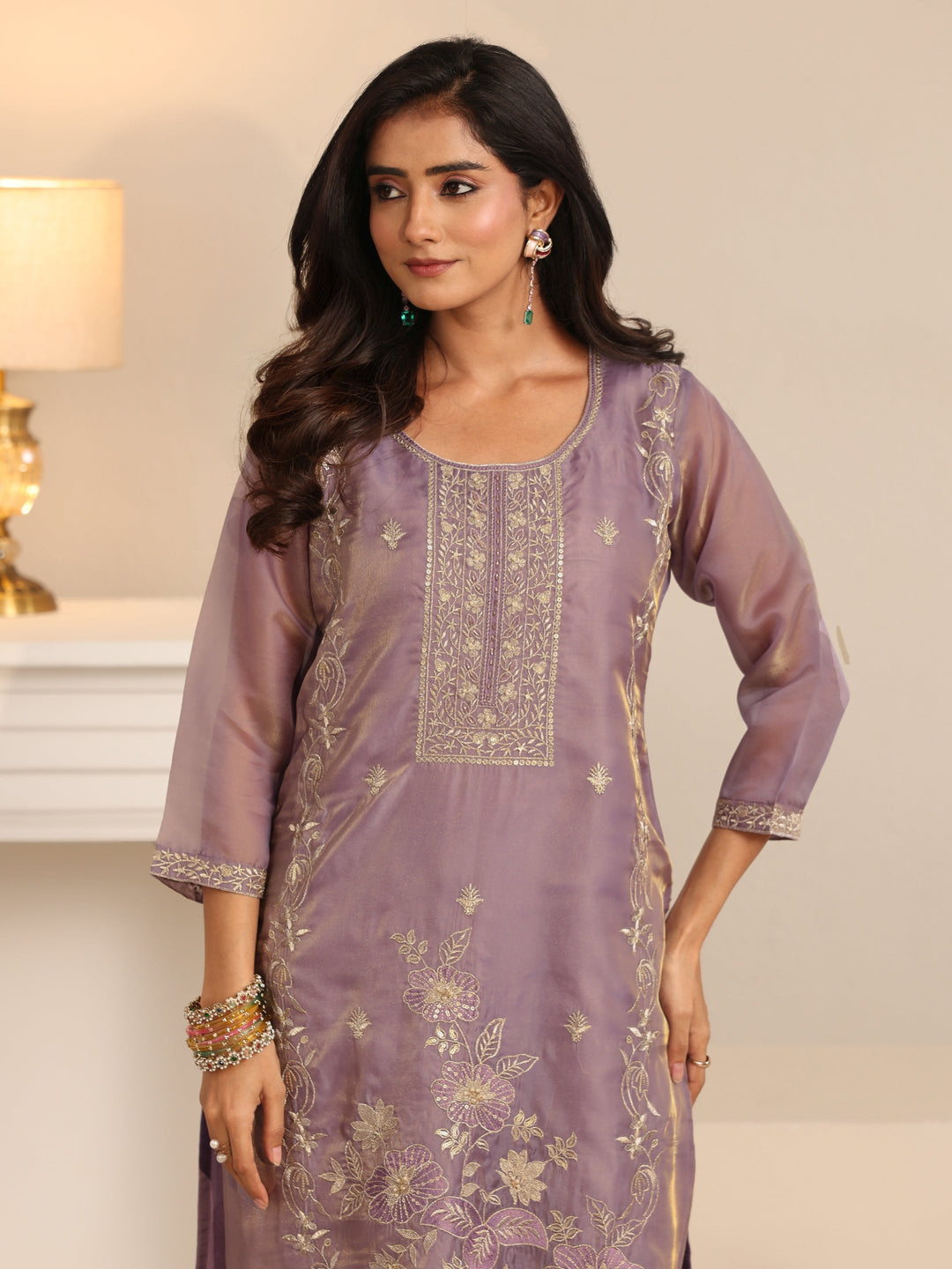  Libas Lavender Floral Embellished Tissue Straight Suit Set 
