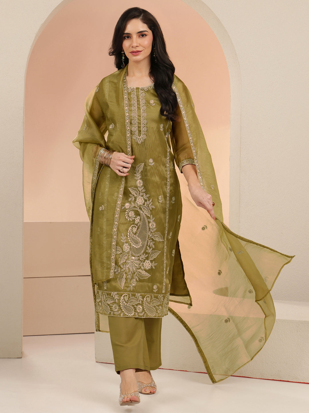  Libas Henna Yellow Paisley Embroidered Organza Straight Suit Set 