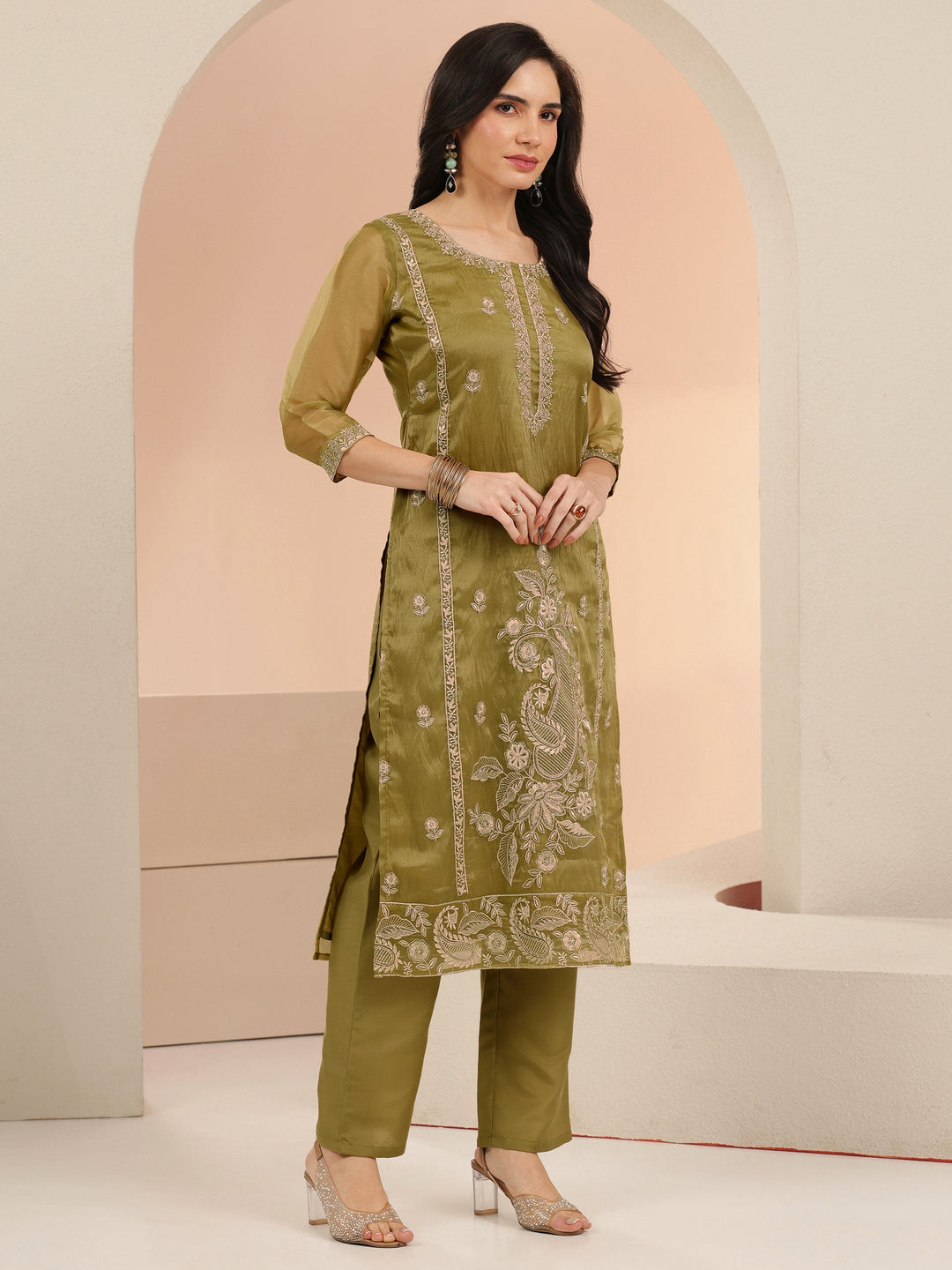  Libas Henna Yellow Paisley Embroidered Organza Straight Suit Set 